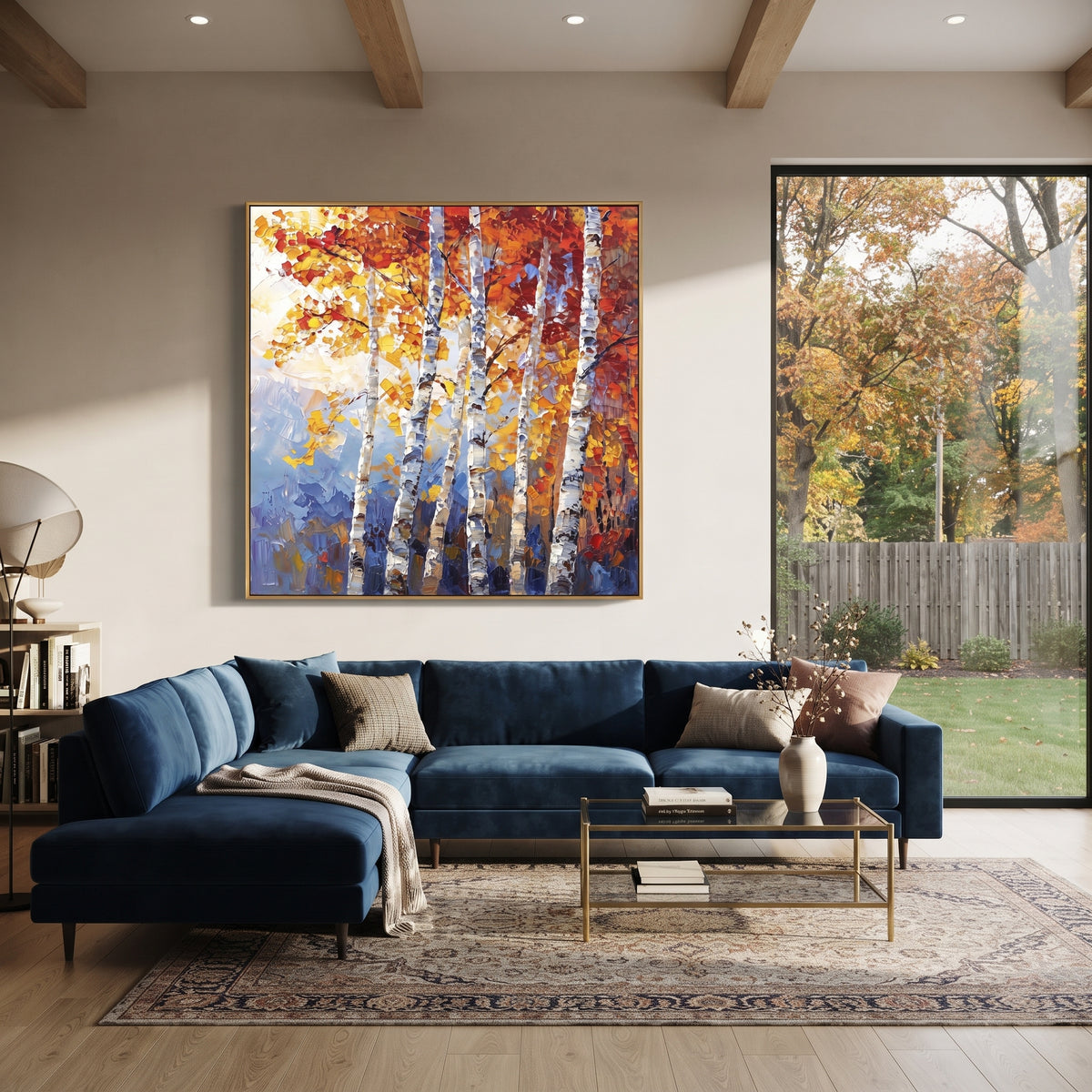 ARTWORK DETAILS Mountain Birch Flame Painting is built from the actual artwork image: upright birch trunks with fiery red gold leaves and mountain blue. The composition uses raised texture to separate tree trunks, leaf masses, ground movement, and soft background atmosphere, so the surface reads with real hand-painted depth from different viewing angles. The color direction is red, yellow, blue, chosen to keep the autumn mood warm while still leaving enough pale air and cool contrast for modern