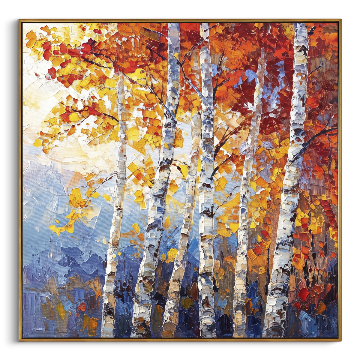 ARTWORK DETAILS Mountain Birch Flame Painting is built from the actual artwork image: upright birch trunks with fiery red gold leaves and mountain blue. The composition uses raised texture to separate tree trunks, leaf masses, ground movement, and soft background atmosphere, so the surface reads with real hand-painted depth from different viewing angles. The color direction is red, yellow, blue, chosen to keep the autumn mood warm while still leaving enough pale air and cool contrast for modern