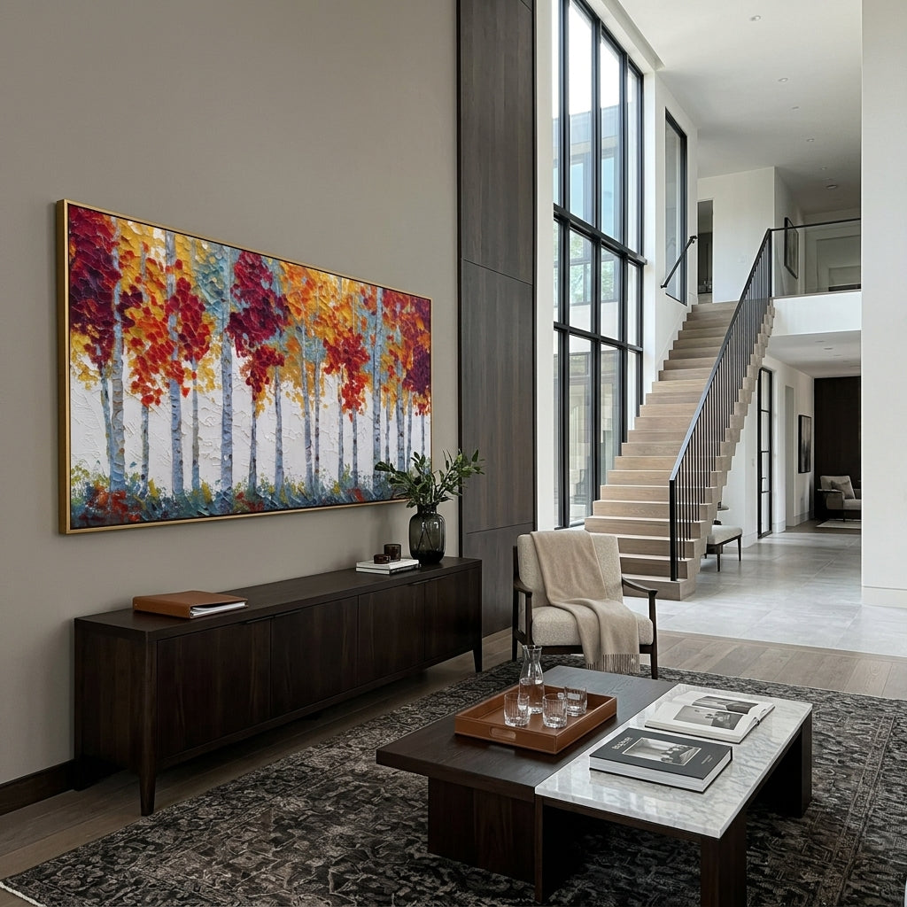 ARTWORK DETAILS Crimson Top Birch Forest Painting is built from the actual artwork image: white birch trunks topped by crimson autumn crowns. The composition uses raised texture to separate tree trunks, leaf masses, ground movement, and soft background atmosphere, so the surface reads with real hand-painted depth from different viewing angles. The color direction is red, white, blue, chosen to keep the autumn mood warm while still leaving enough pale air and cool contrast for modern interiors.