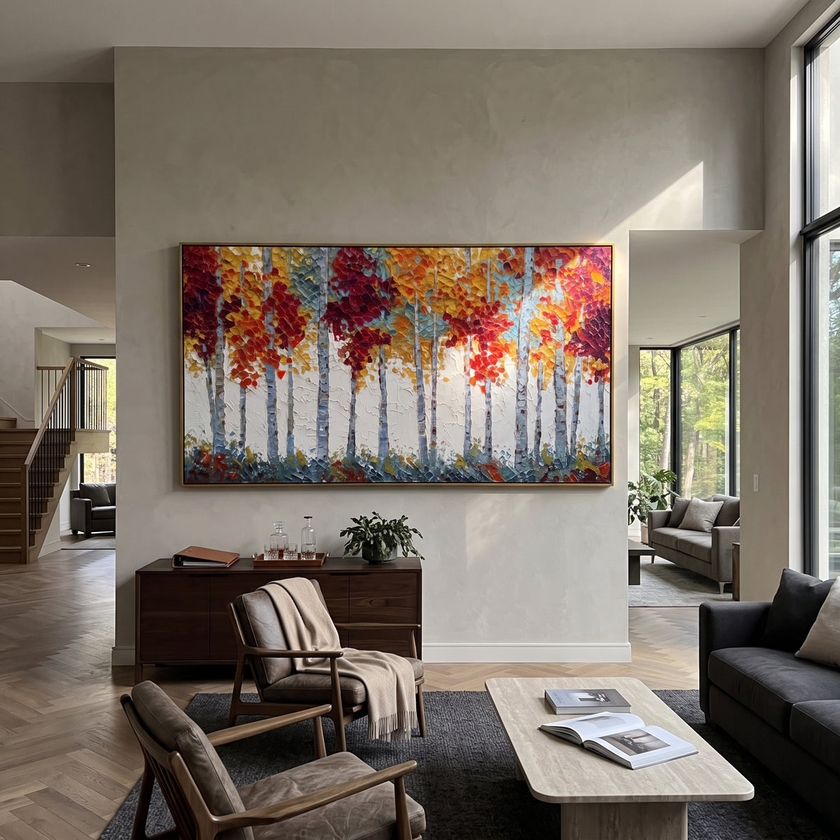 ARTWORK DETAILS Crimson Top Birch Forest Painting is built from the actual artwork image: white birch trunks topped by crimson autumn crowns. The composition uses raised texture to separate tree trunks, leaf masses, ground movement, and soft background atmosphere, so the surface reads with real hand-painted depth from different viewing angles. The color direction is red, white, blue, chosen to keep the autumn mood warm while still leaving enough pale air and cool contrast for modern interiors.