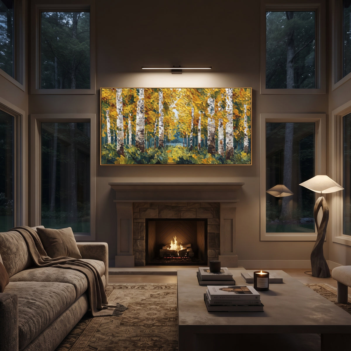 ARTWORK DETAILS Moss Gold Birch Woods Painting is built from the actual artwork image: green mossy ground beneath gold birch foliage. The composition uses raised texture to separate tree trunks, leaf masses, ground movement, and soft background atmosphere, so the surface reads with real hand-painted depth from different viewing angles. The color direction is green, yellow, white, chosen to keep the autumn mood warm while still leaving enough pale air and cool contrast for modern interiors. Core