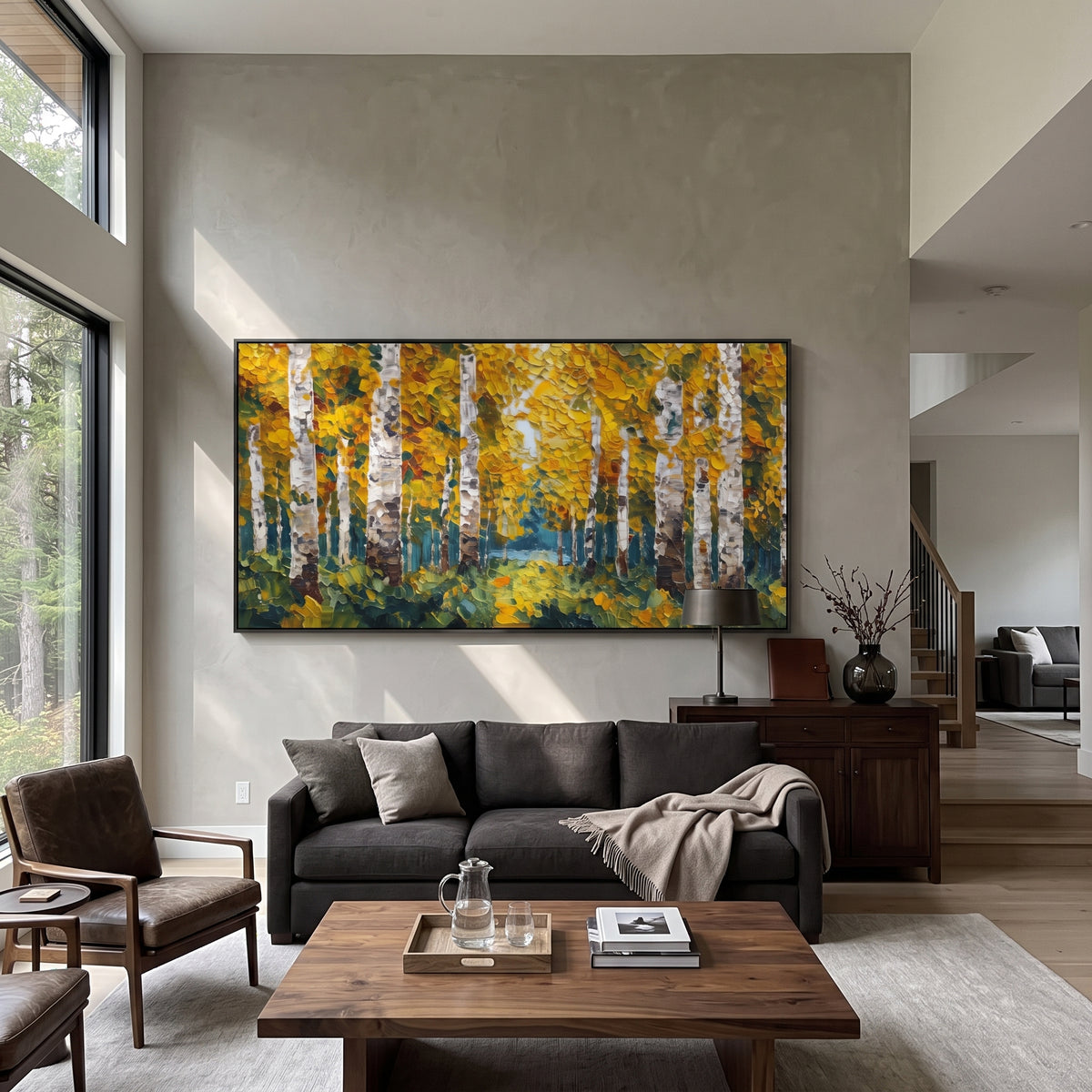 ARTWORK DETAILS Moss Gold Birch Woods Painting is built from the actual artwork image: green mossy ground beneath gold birch foliage. The composition uses raised texture to separate tree trunks, leaf masses, ground movement, and soft background atmosphere, so the surface reads with real hand-painted depth from different viewing angles. The color direction is green, yellow, white, chosen to keep the autumn mood warm while still leaving enough pale air and cool contrast for modern interiors. Core