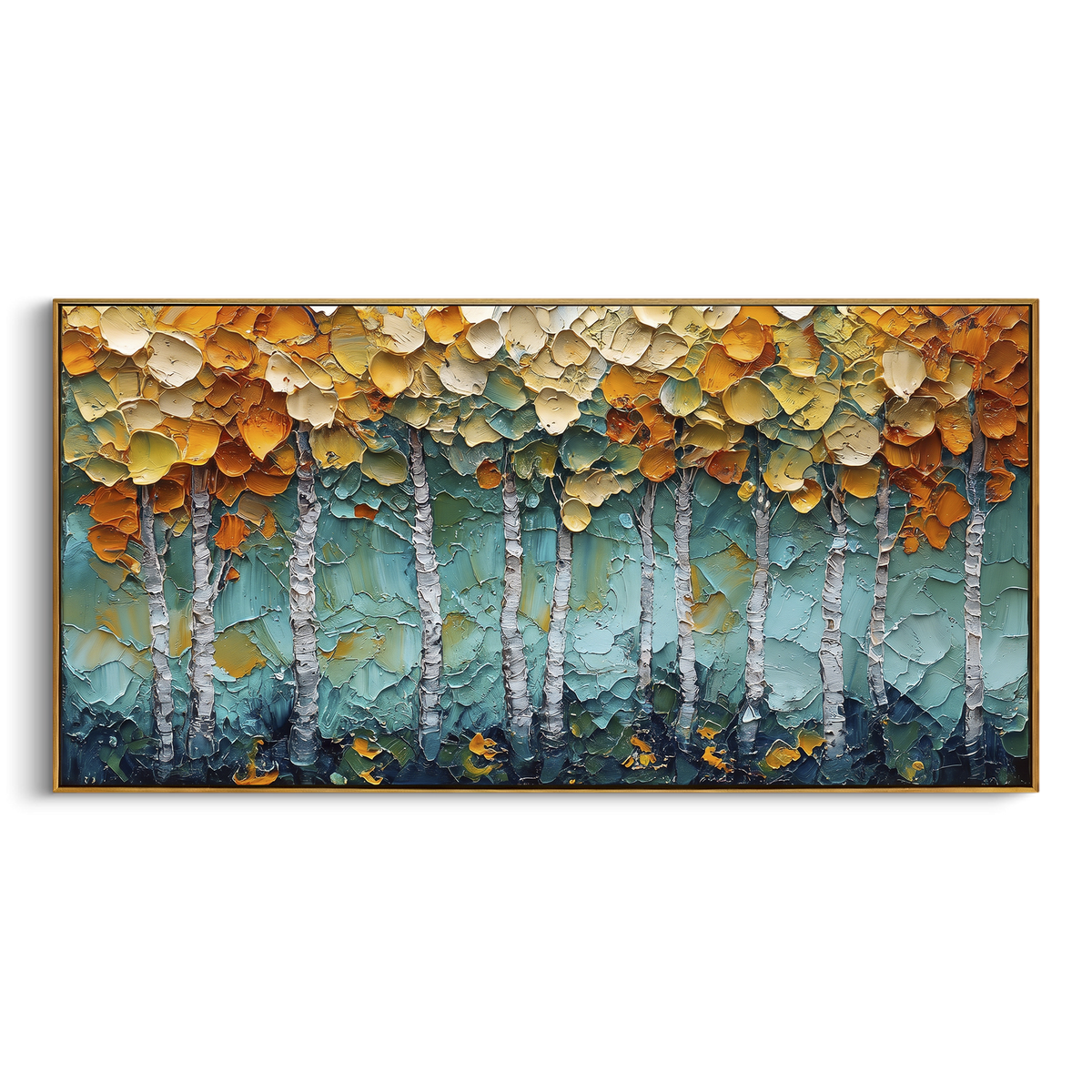 ARTWORK DETAILS Teal Gold Aspen Texture Painting is built from the actual artwork image: thick gold leaf texture over teal and white aspen trunks. The composition uses raised texture to separate tree trunks, leaf masses, ground movement, and soft background atmosphere, so the surface reads with real hand-painted depth from different viewing angles. The color direction is yellow, green, white, chosen to keep the autumn mood warm while still leaving enough pale air and cool contrast for modern
