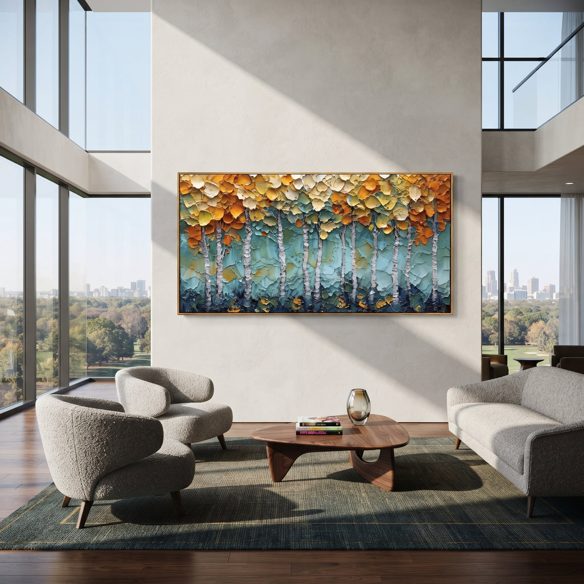 ARTWORK DETAILS Teal Gold Aspen Texture Painting is built from the actual artwork image: thick gold leaf texture over teal and white aspen trunks. The composition uses raised texture to separate tree trunks, leaf masses, ground movement, and soft background atmosphere, so the surface reads with real hand-painted depth from different viewing angles. The color direction is yellow, green, white, chosen to keep the autumn mood warm while still leaving enough pale air and cool contrast for modern
