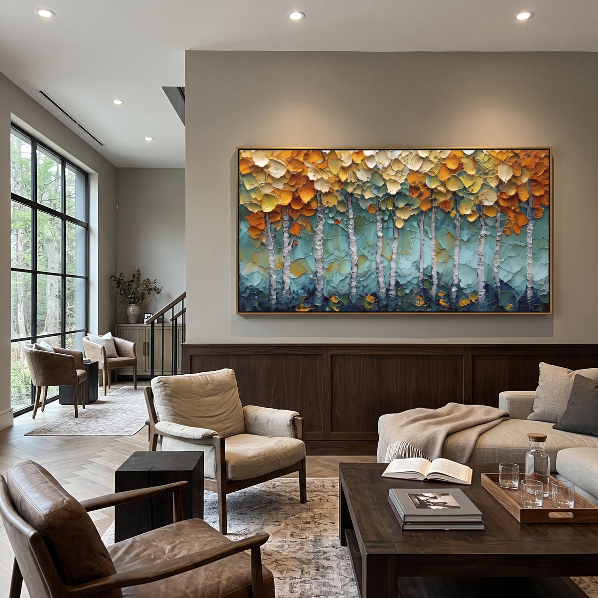 ARTWORK DETAILS Teal Gold Aspen Texture Painting is built from the actual artwork image: thick gold leaf texture over teal and white aspen trunks. The composition uses raised texture to separate tree trunks, leaf masses, ground movement, and soft background atmosphere, so the surface reads with real hand-painted depth from different viewing angles. The color direction is yellow, green, white, chosen to keep the autumn mood warm while still leaving enough pale air and cool contrast for modern