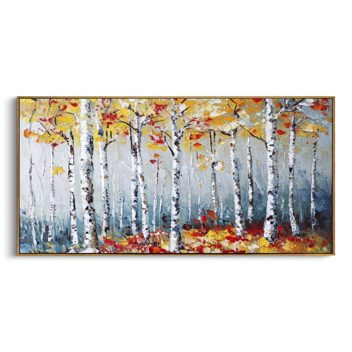ARTWORK DETAILS Snowy Birch Red Floor Painting is built from the actual artwork image: white birch stand with red leaves gathered along the forest floor. The composition uses raised texture to separate tree trunks, leaf masses, ground movement, and soft background atmosphere, so the surface reads with real hand-painted depth from different viewing angles. The color direction is white, red, yellow, chosen to keep the autumn mood warm while still leaving enough pale air and cool contrast for