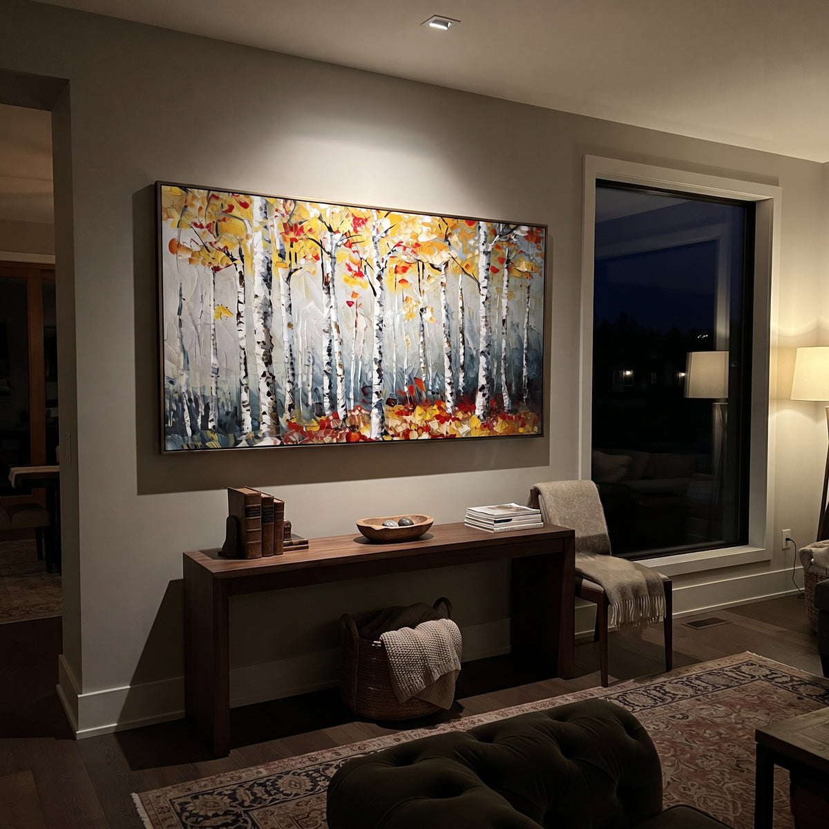 ARTWORK DETAILS Snowy Birch Red Floor Painting is built from the actual artwork image: white birch stand with red leaves gathered along the forest floor. The composition uses raised texture to separate tree trunks, leaf masses, ground movement, and soft background atmosphere, so the surface reads with real hand-painted depth from different viewing angles. The color direction is white, red, yellow, chosen to keep the autumn mood warm while still leaving enough pale air and cool contrast for