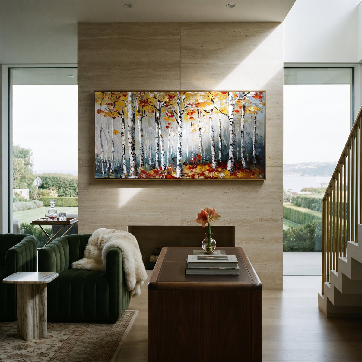 ARTWORK DETAILS Snowy Birch Red Floor Painting is built from the actual artwork image: white birch stand with red leaves gathered along the forest floor. The composition uses raised texture to separate tree trunks, leaf masses, ground movement, and soft background atmosphere, so the surface reads with real hand-painted depth from different viewing angles. The color direction is white, red, yellow, chosen to keep the autumn mood warm while still leaving enough pale air and cool contrast for