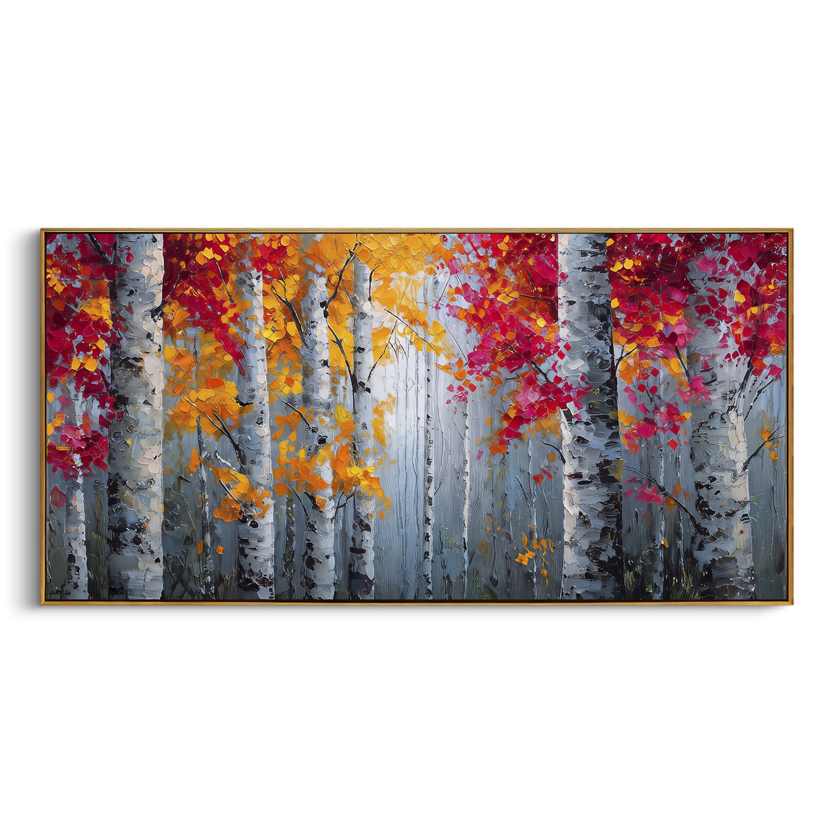 ARTWORK DETAILS Gray Birch Crimson Leaves Painting is built from the actual artwork image: gray blue birch trunks broken by crimson and orange leaves. The composition uses raised texture to separate tree trunks, leaf masses, ground movement, and soft background atmosphere, so the surface reads with real hand-painted depth from different viewing angles. The color direction is red, gray, orange, chosen to keep the autumn mood warm while still leaving enough pale air and cool contrast for modern