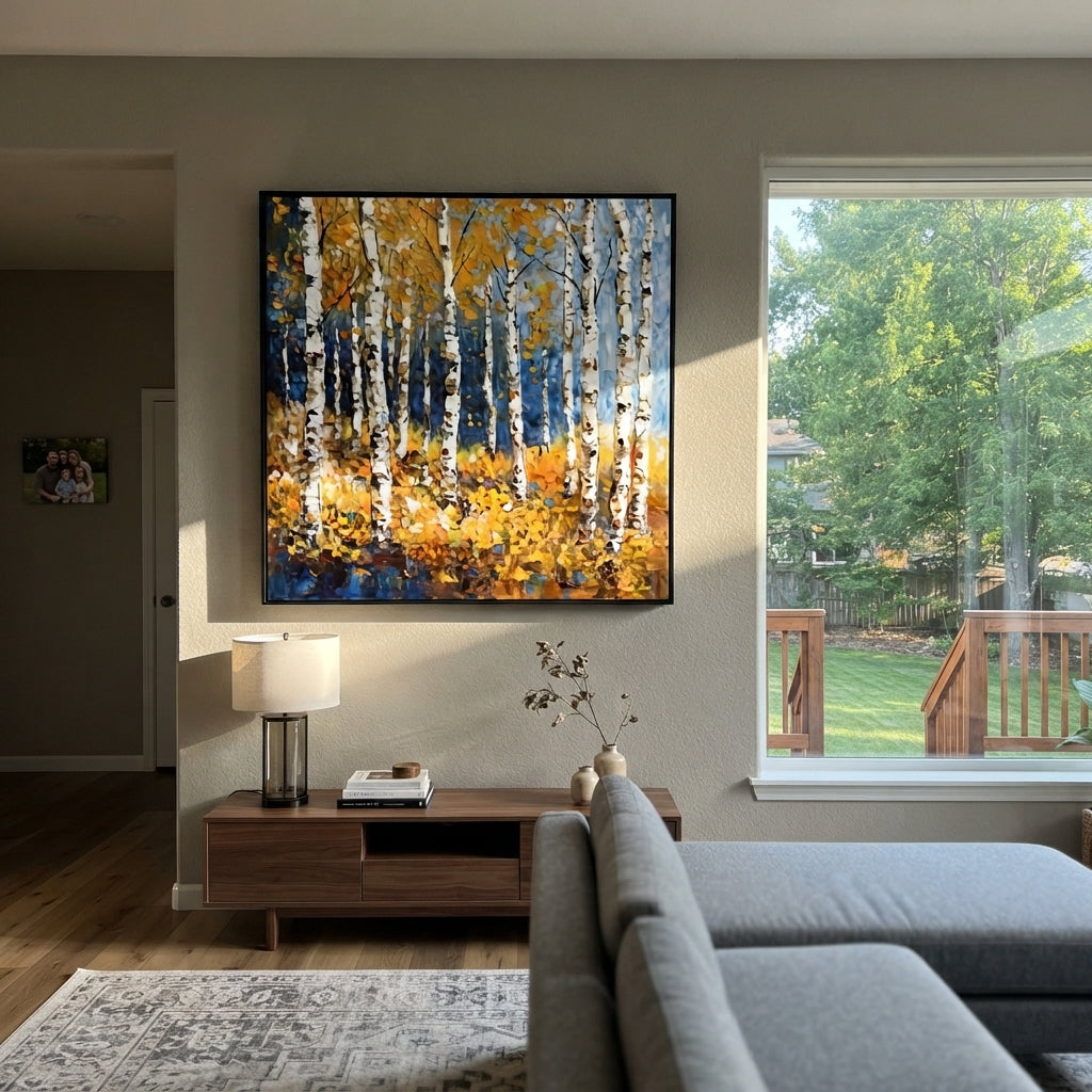 ARTWORK DETAILS Yellow Birch Blue Ground Painting is built from the actual artwork image: bright birch trunks over a deep blue ground and gold leaves. The composition uses raised texture to separate tree trunks, leaf masses, ground movement, and soft background atmosphere, so the surface reads with real hand-painted depth from different viewing angles. The color direction is yellow, blue, white, chosen to keep the autumn mood warm while still leaving enough pale air and cool contrast for modern