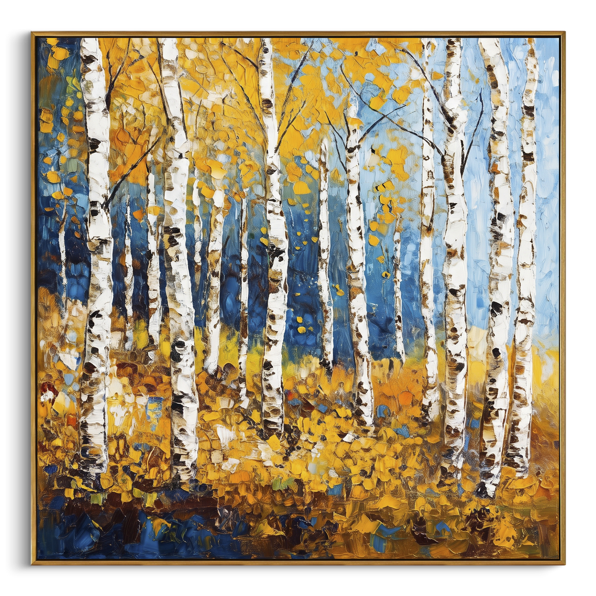 ARTWORK DETAILS Yellow Birch Blue Ground Painting is built from the actual artwork image: bright birch trunks over a deep blue ground and gold leaves. The composition uses raised texture to separate tree trunks, leaf masses, ground movement, and soft background atmosphere, so the surface reads with real hand-painted depth from different viewing angles. The color direction is yellow, blue, white, chosen to keep the autumn mood warm while still leaving enough pale air and cool contrast for modern