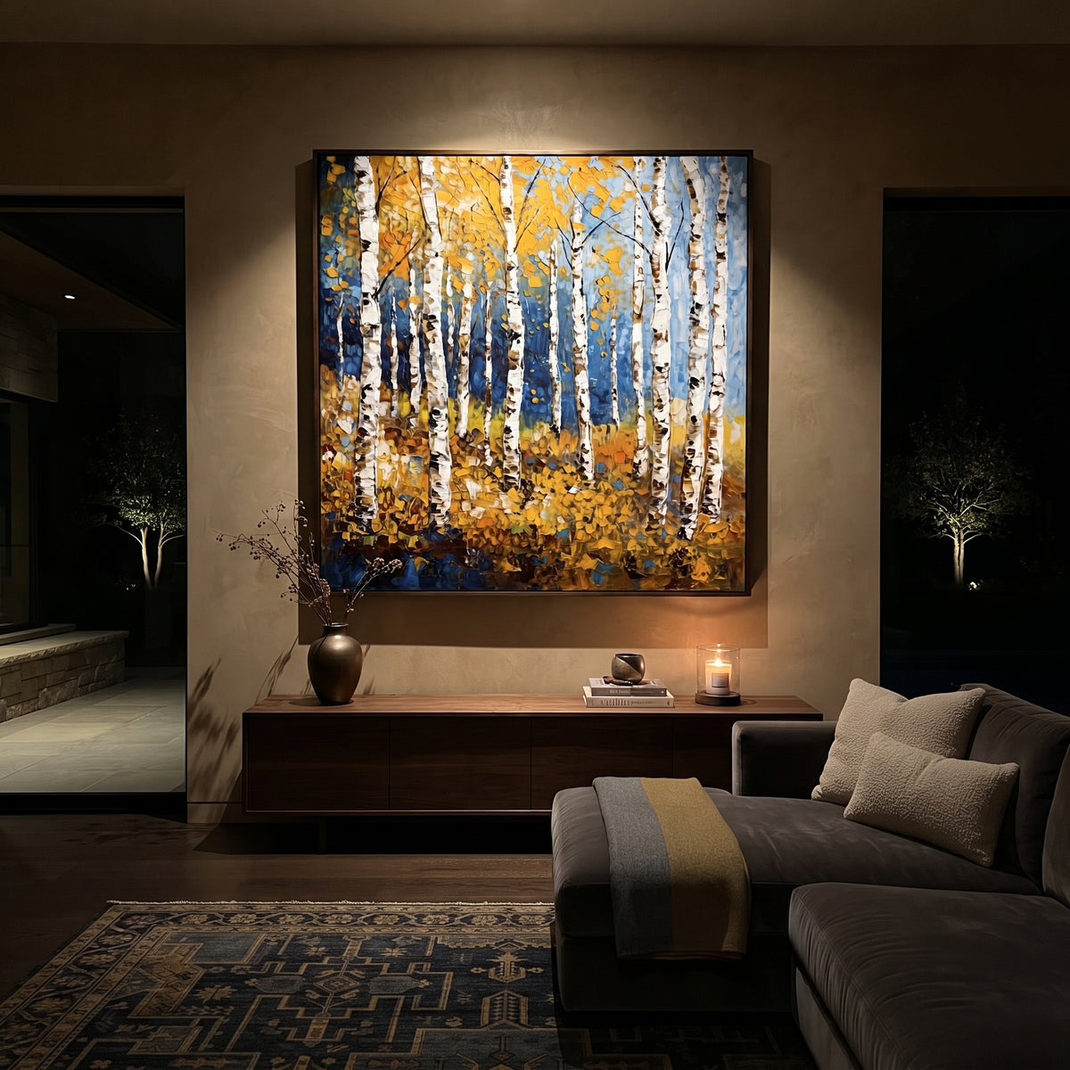 ARTWORK DETAILS Yellow Birch Blue Ground Painting is built from the actual artwork image: bright birch trunks over a deep blue ground and gold leaves. The composition uses raised texture to separate tree trunks, leaf masses, ground movement, and soft background atmosphere, so the surface reads with real hand-painted depth from different viewing angles. The color direction is yellow, blue, white, chosen to keep the autumn mood warm while still leaving enough pale air and cool contrast for modern