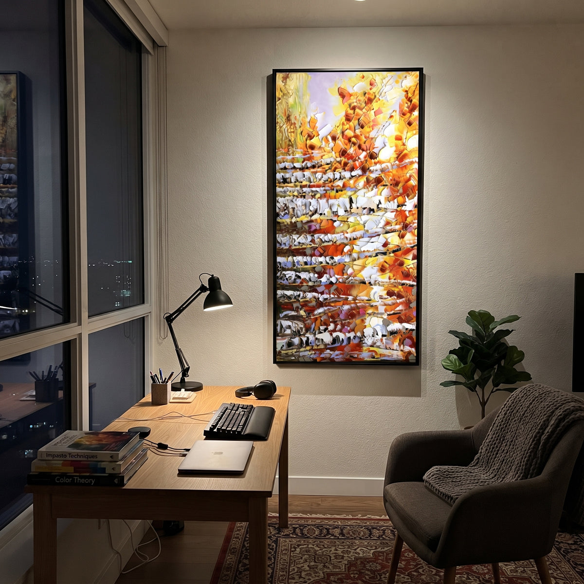 ARTWORK DETAILS Autumn Leaf Stair Texture Painting is built from the actual artwork image: vertical cascade of orange leaves and white bark textures. The composition uses raised texture to separate tree trunks, leaf masses, ground movement, and soft background atmosphere, so the surface reads with real hand-painted depth from different viewing angles. The color direction is orange, white, yellow, chosen to keep the autumn mood warm while still leaving enough pale air and cool contrast for modern