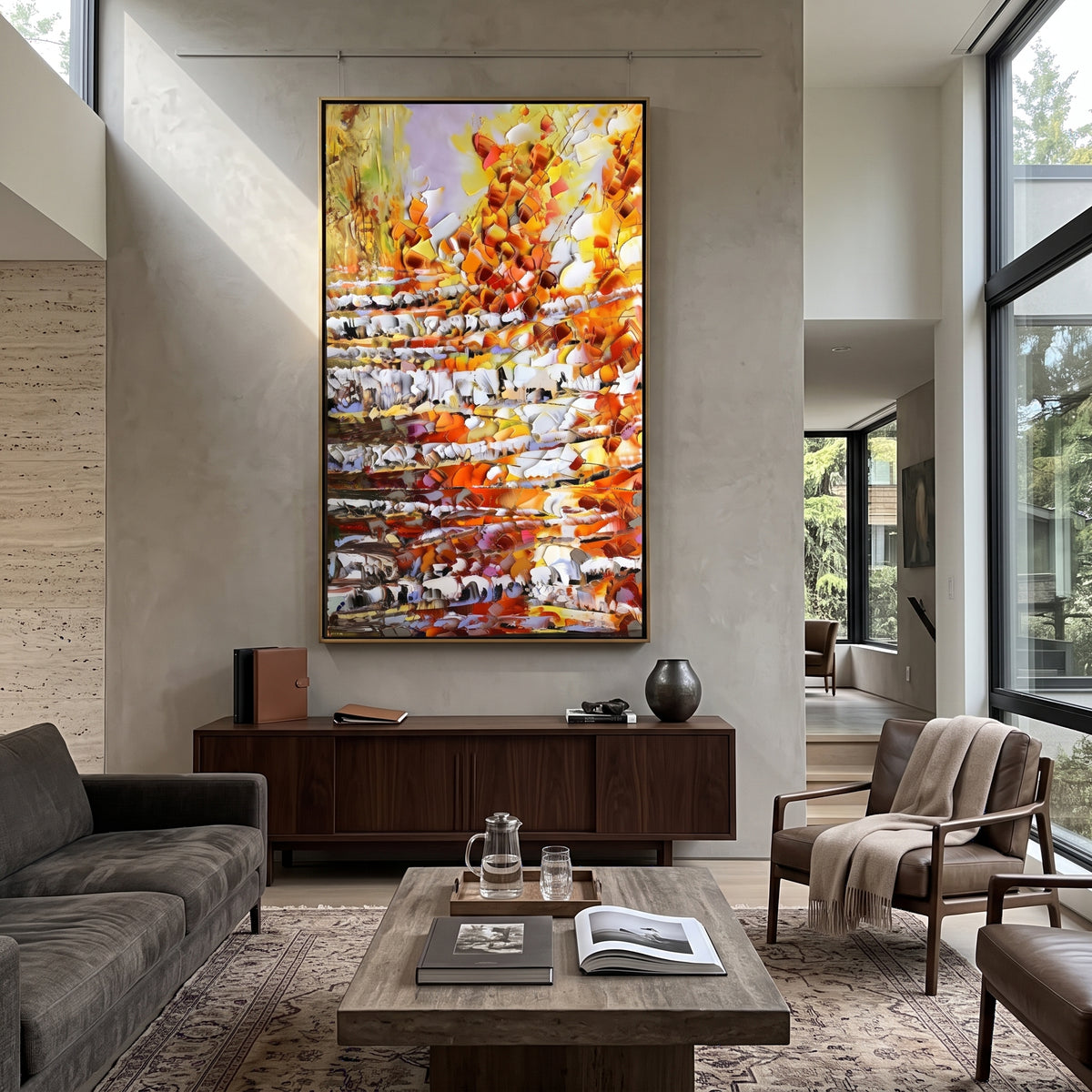 ARTWORK DETAILS Autumn Leaf Stair Texture Painting is built from the actual artwork image: vertical cascade of orange leaves and white bark textures. The composition uses raised texture to separate tree trunks, leaf masses, ground movement, and soft background atmosphere, so the surface reads with real hand-painted depth from different viewing angles. The color direction is orange, white, yellow, chosen to keep the autumn mood warm while still leaving enough pale air and cool contrast for modern