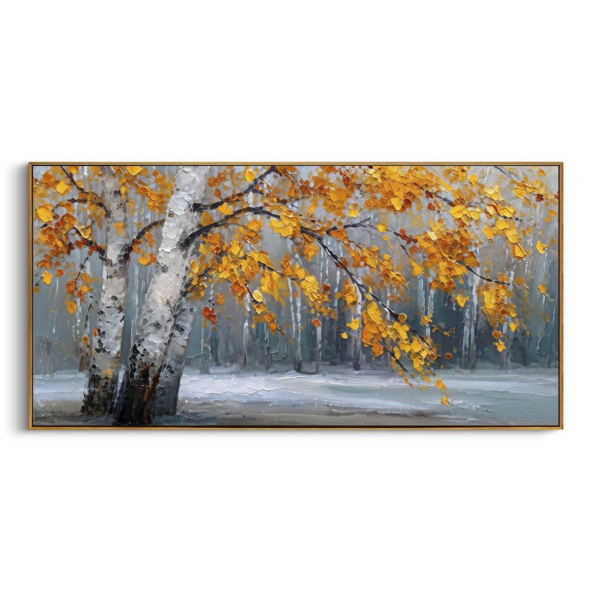 ARTWORK DETAILS Low Birch Winter Pond Painting is built from the actual artwork image: leaning birch trees over a cool pale pond with gold leaves. The composition uses raised texture to separate tree trunks, leaf masses, ground movement, and soft background atmosphere, so the surface reads with real hand-painted depth from different viewing angles. The color direction is white, yellow, gray, chosen to keep the autumn mood warm while still leaving enough pale air and cool contrast for modern