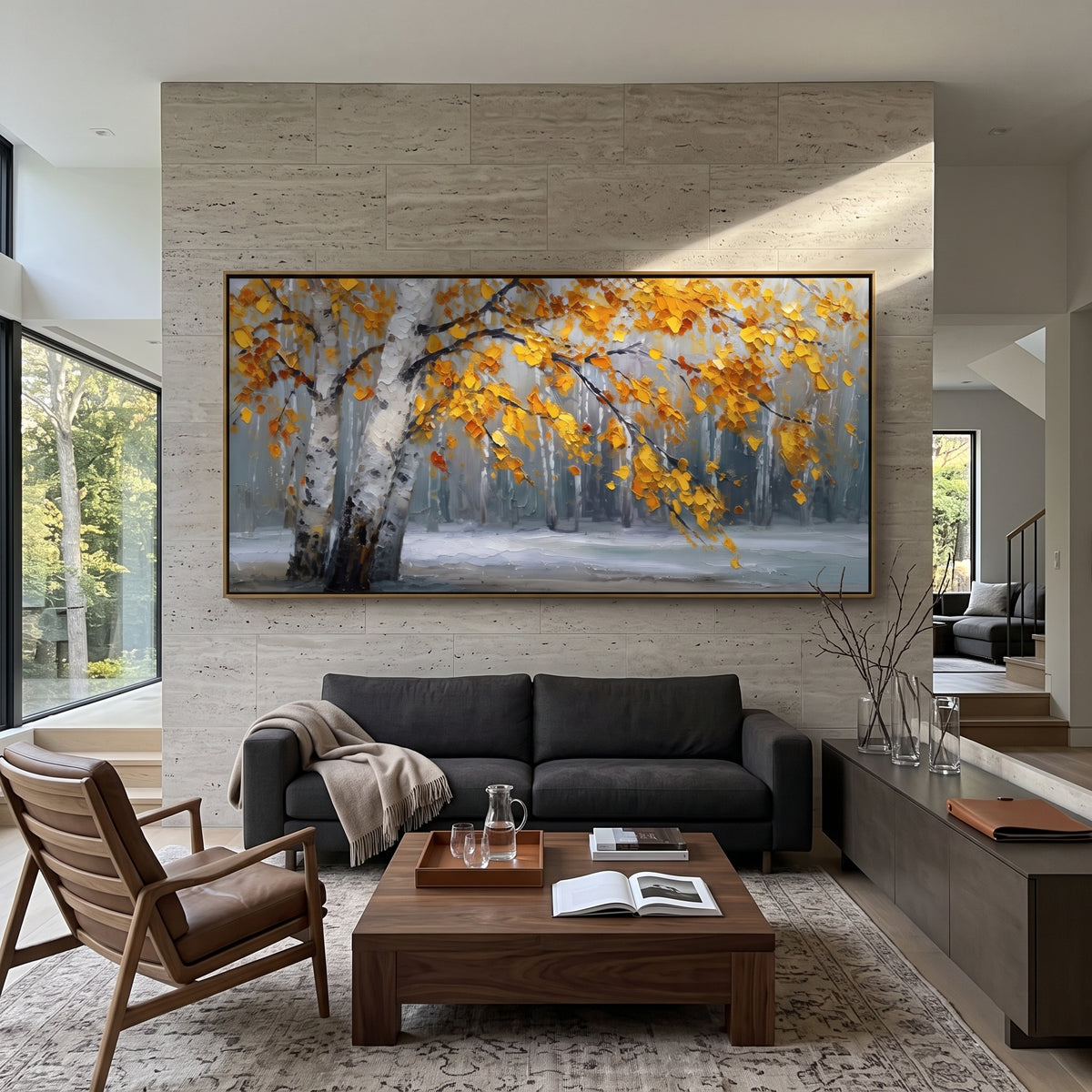ARTWORK DETAILS Low Birch Winter Pond Painting is built from the actual artwork image: leaning birch trees over a cool pale pond with gold leaves. The composition uses raised texture to separate tree trunks, leaf masses, ground movement, and soft background atmosphere, so the surface reads with real hand-painted depth from different viewing angles. The color direction is white, yellow, gray, chosen to keep the autumn mood warm while still leaving enough pale air and cool contrast for modern