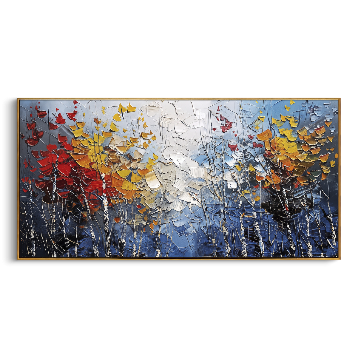 ARTWORK DETAILS Blue Red Autumn Thicket Painting is built from the actual artwork image: abstract blue thicket with red and yellow autumn foliage. The composition uses raised texture to separate tree trunks, leaf masses, ground movement, and soft background atmosphere, so the surface reads with real hand-painted depth from different viewing angles. The color direction is blue, red, yellow, chosen to keep the autumn mood warm while still leaving enough pale air and cool contrast for modern