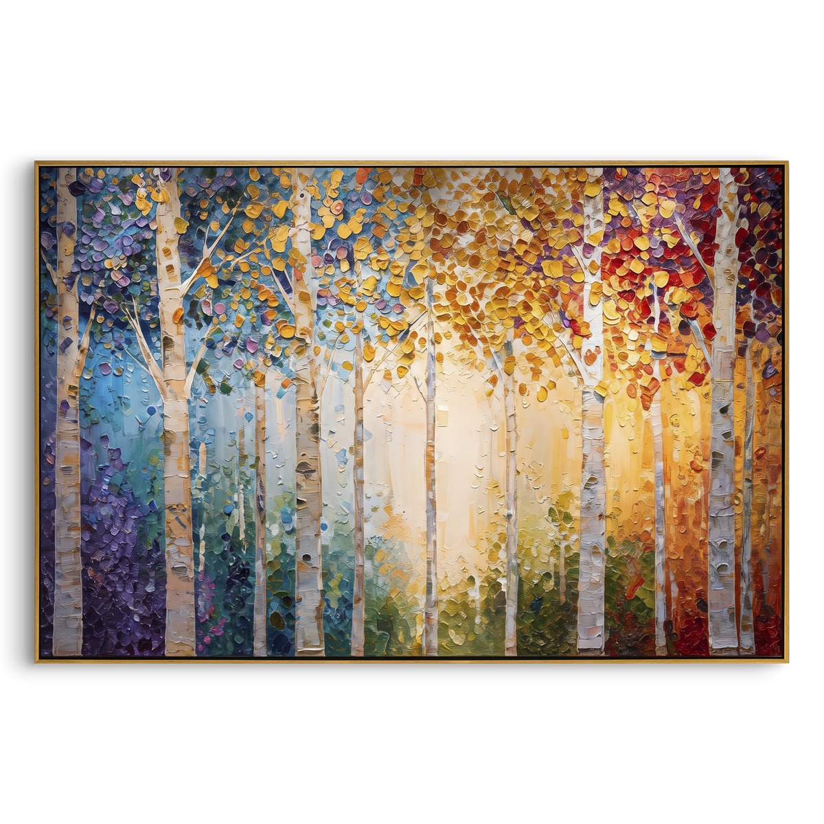 ARTWORK DETAILS Rainbow Birch Sun Painting is built from the actual artwork image: multi-color birch trunks around a warm sunlit opening. The composition uses raised texture to separate tree trunks, leaf masses, ground movement, and soft background atmosphere, so the surface reads with real hand-painted depth from different viewing angles. The color direction is yellow, blue, red, chosen to keep the autumn mood warm while still leaving enough pale air and cool contrast for modern interiors. Core