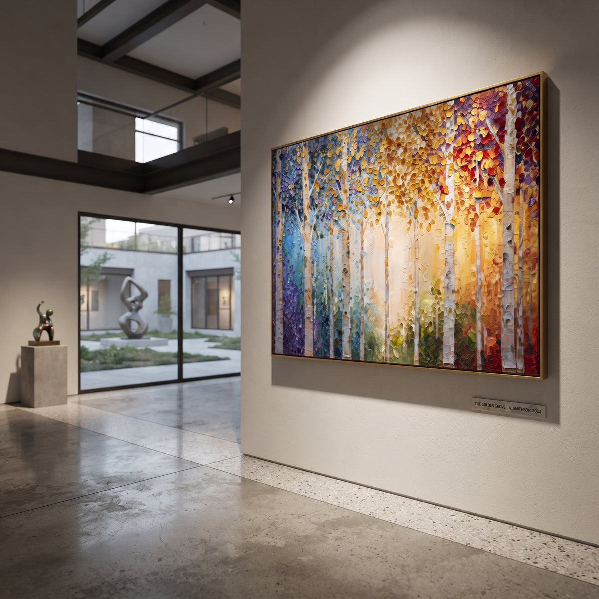 ARTWORK DETAILS Rainbow Birch Sun Painting is built from the actual artwork image: multi-color birch trunks around a warm sunlit opening. The composition uses raised texture to separate tree trunks, leaf masses, ground movement, and soft background atmosphere, so the surface reads with real hand-painted depth from different viewing angles. The color direction is yellow, blue, red, chosen to keep the autumn mood warm while still leaving enough pale air and cool contrast for modern interiors. Core