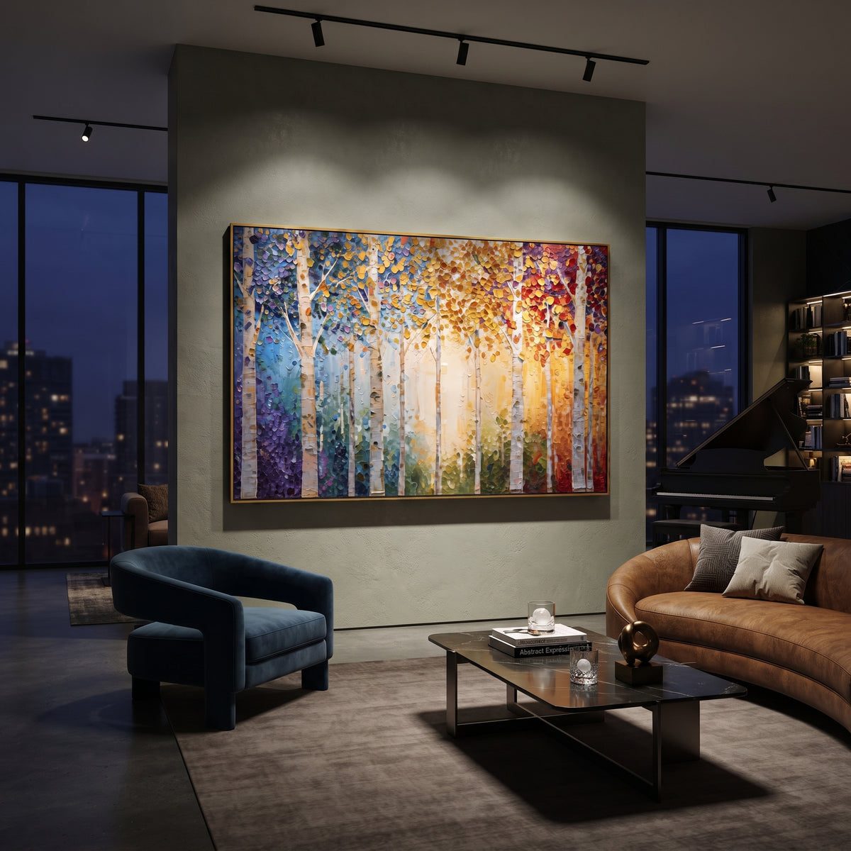 ARTWORK DETAILS Rainbow Birch Sun Painting is built from the actual artwork image: multi-color birch trunks around a warm sunlit opening. The composition uses raised texture to separate tree trunks, leaf masses, ground movement, and soft background atmosphere, so the surface reads with real hand-painted depth from different viewing angles. The color direction is yellow, blue, red, chosen to keep the autumn mood warm while still leaving enough pale air and cool contrast for modern interiors. Core