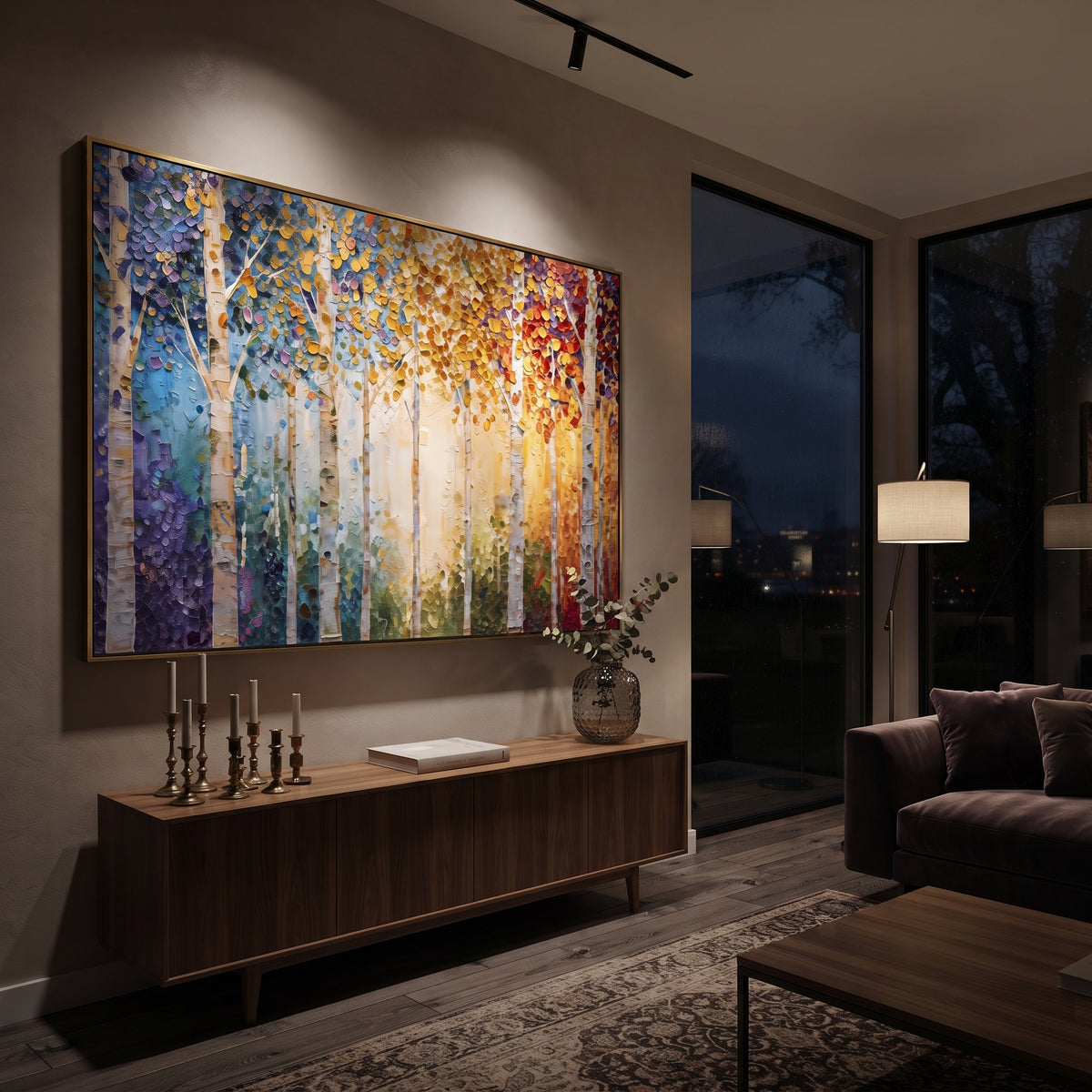 ARTWORK DETAILS Rainbow Birch Sun Painting is built from the actual artwork image: multi-color birch trunks around a warm sunlit opening. The composition uses raised texture to separate tree trunks, leaf masses, ground movement, and soft background atmosphere, so the surface reads with real hand-painted depth from different viewing angles. The color direction is yellow, blue, red, chosen to keep the autumn mood warm while still leaving enough pale air and cool contrast for modern interiors. Core