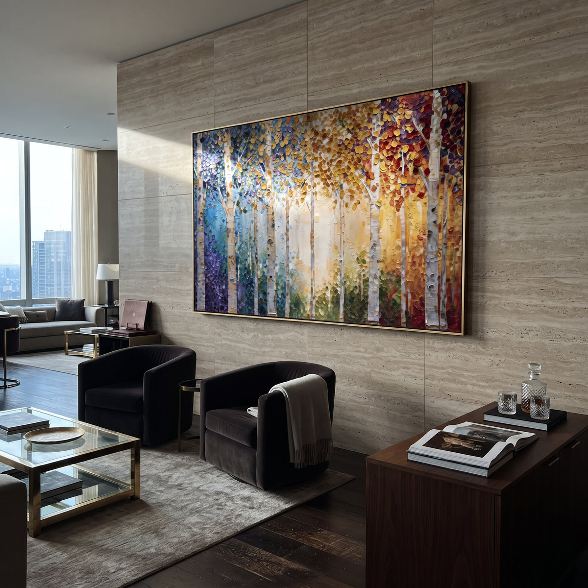 ARTWORK DETAILS Rainbow Birch Sun Painting is built from the actual artwork image: multi-color birch trunks around a warm sunlit opening. The composition uses raised texture to separate tree trunks, leaf masses, ground movement, and soft background atmosphere, so the surface reads with real hand-painted depth from different viewing angles. The color direction is yellow, blue, red, chosen to keep the autumn mood warm while still leaving enough pale air and cool contrast for modern interiors. Core