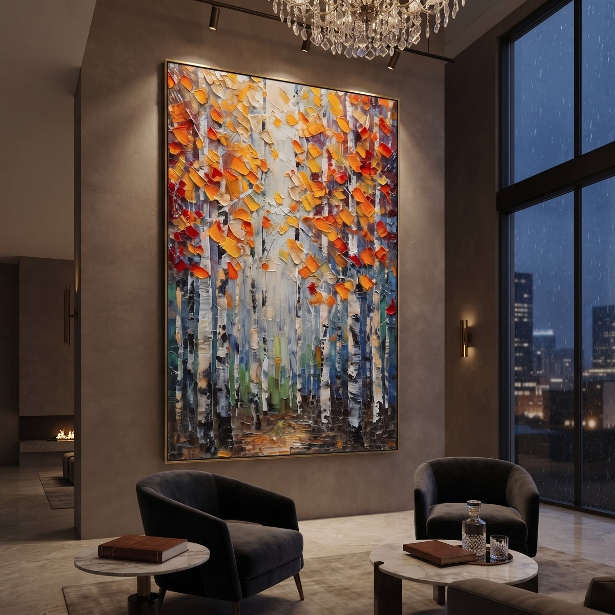 ARTWORK DETAILS Orange Leaf Birch Alcove Painting is built from the actual artwork image: close orange leaves and pale trunks around a shaded alcove. The composition uses raised texture to separate tree trunks, leaf masses, ground movement, and soft background atmosphere, so the surface reads with real hand-painted depth from different viewing angles. The color direction is orange, yellow, gray, chosen to keep the autumn mood warm while still leaving enough pale air and cool contrast for modern