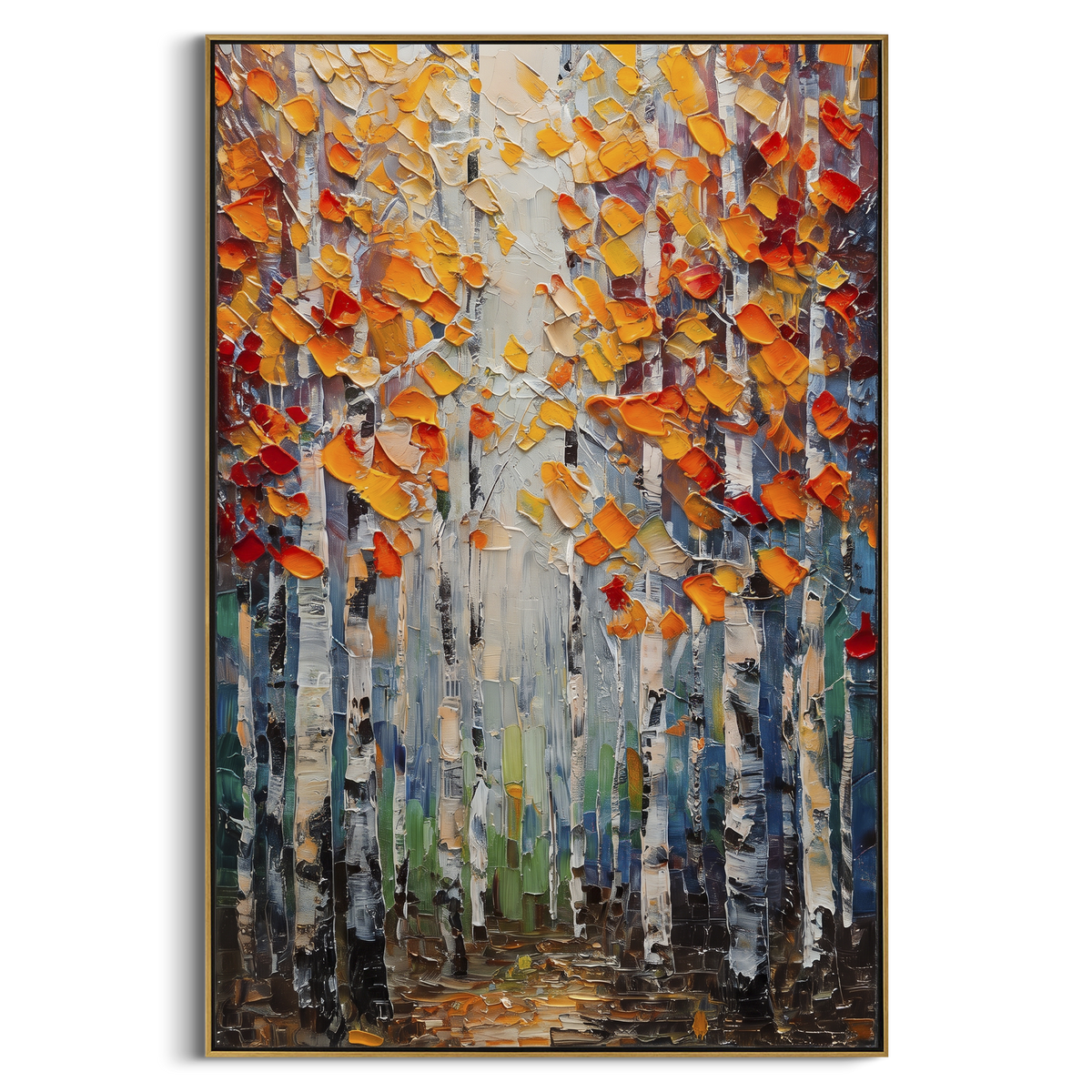 ARTWORK DETAILS Orange Leaf Birch Alcove Painting is built from the actual artwork image: close orange leaves and pale trunks around a shaded alcove. The composition uses raised texture to separate tree trunks, leaf masses, ground movement, and soft background atmosphere, so the surface reads with real hand-painted depth from different viewing angles. The color direction is orange, yellow, gray, chosen to keep the autumn mood warm while still leaving enough pale air and cool contrast for modern