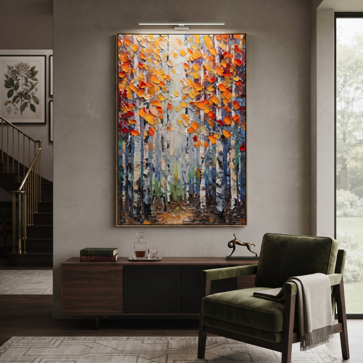 ARTWORK DETAILS Orange Leaf Birch Alcove Painting is built from the actual artwork image: close orange leaves and pale trunks around a shaded alcove. The composition uses raised texture to separate tree trunks, leaf masses, ground movement, and soft background atmosphere, so the surface reads with real hand-painted depth from different viewing angles. The color direction is orange, yellow, gray, chosen to keep the autumn mood warm while still leaving enough pale air and cool contrast for modern
