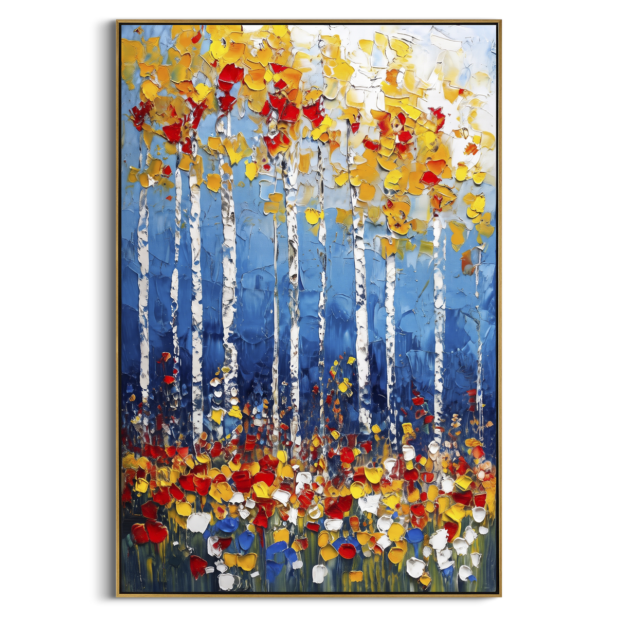 ARTWORK DETAILS Blue Birch Red Flower Field Painting is built from the actual artwork image: blue white birch trunks above red and yellow floral marks. The composition uses raised texture to separate tree trunks, leaf masses, ground movement, and soft background atmosphere, so the surface reads with real hand-painted depth from different viewing angles. The color direction is blue, red, yellow, chosen to keep the autumn mood warm while still leaving enough pale air and cool contrast for modern