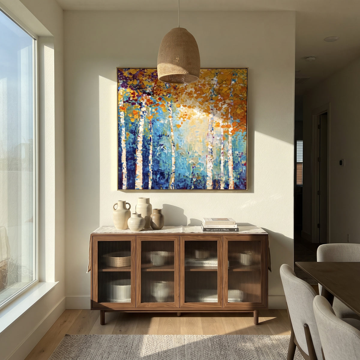 ARTWORK DETAILS Gallery Birch Golden Light Painting is built from the actual artwork image: golden birch light shown in a clean gallery-style view. The composition uses raised texture to separate tree trunks, leaf masses, ground movement, and soft background atmosphere, so the surface reads with real hand-painted depth from different viewing angles. The color direction is yellow, blue, white, chosen to keep the autumn mood warm while still leaving enough pale air and cool contrast for modern