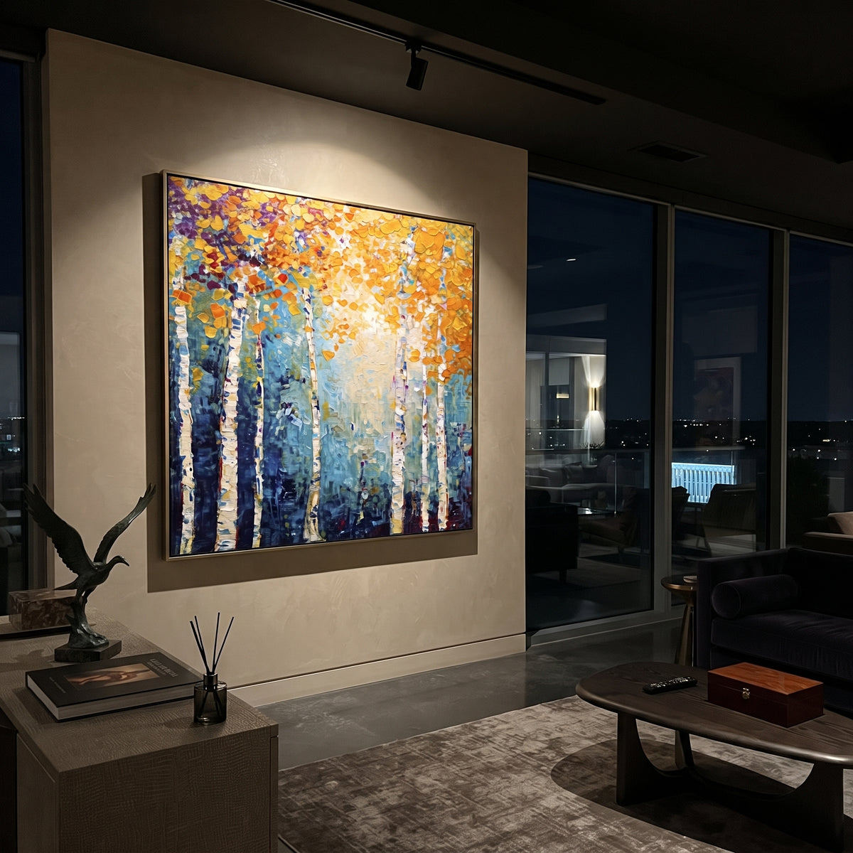 ARTWORK DETAILS Gallery Birch Golden Light Painting is built from the actual artwork image: golden birch light shown in a clean gallery-style view. The composition uses raised texture to separate tree trunks, leaf masses, ground movement, and soft background atmosphere, so the surface reads with real hand-painted depth from different viewing angles. The color direction is yellow, blue, white, chosen to keep the autumn mood warm while still leaving enough pale air and cool contrast for modern