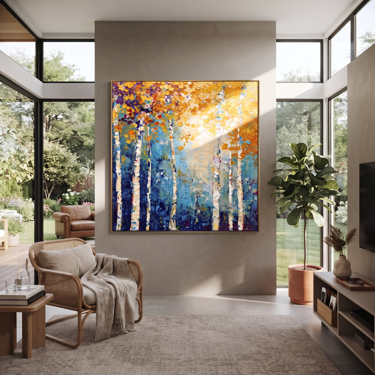 ARTWORK DETAILS Gallery Birch Golden Light Painting is built from the actual artwork image: golden birch light shown in a clean gallery-style view. The composition uses raised texture to separate tree trunks, leaf masses, ground movement, and soft background atmosphere, so the surface reads with real hand-painted depth from different viewing angles. The color direction is yellow, blue, white, chosen to keep the autumn mood warm while still leaving enough pale air and cool contrast for modern