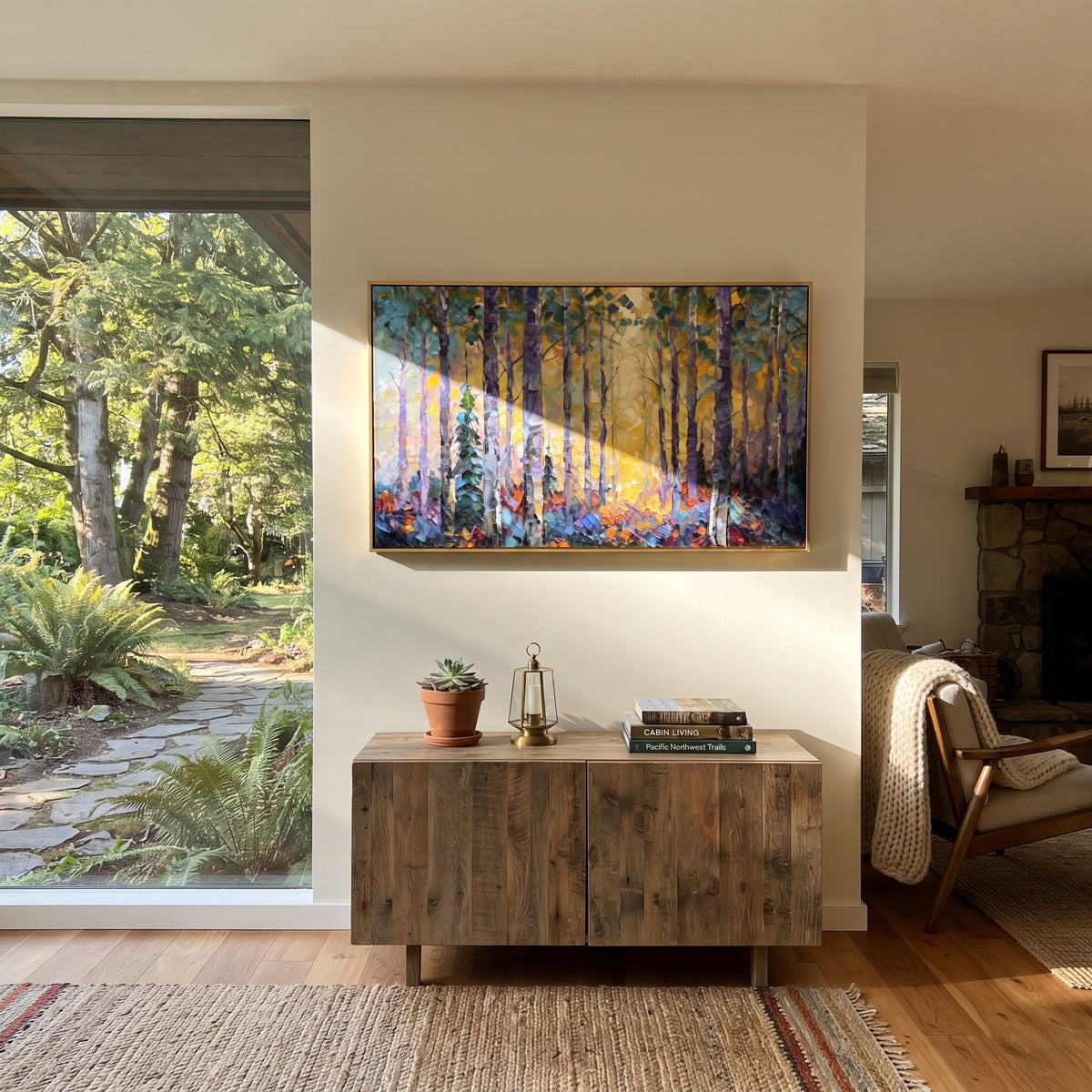 ARTWORK DETAILS Purple Twilight Birch Grove Painting is built from the actual artwork image: purple blue woodland with yellow trunks and a twilight glow. The composition uses raised texture to separate tree trunks, leaf masses, ground movement, and soft background atmosphere, so the surface reads with real hand-painted depth from different viewing angles. The color direction is blue, yellow, white, chosen to keep the autumn mood warm while still leaving enough pale air and cool contrast for