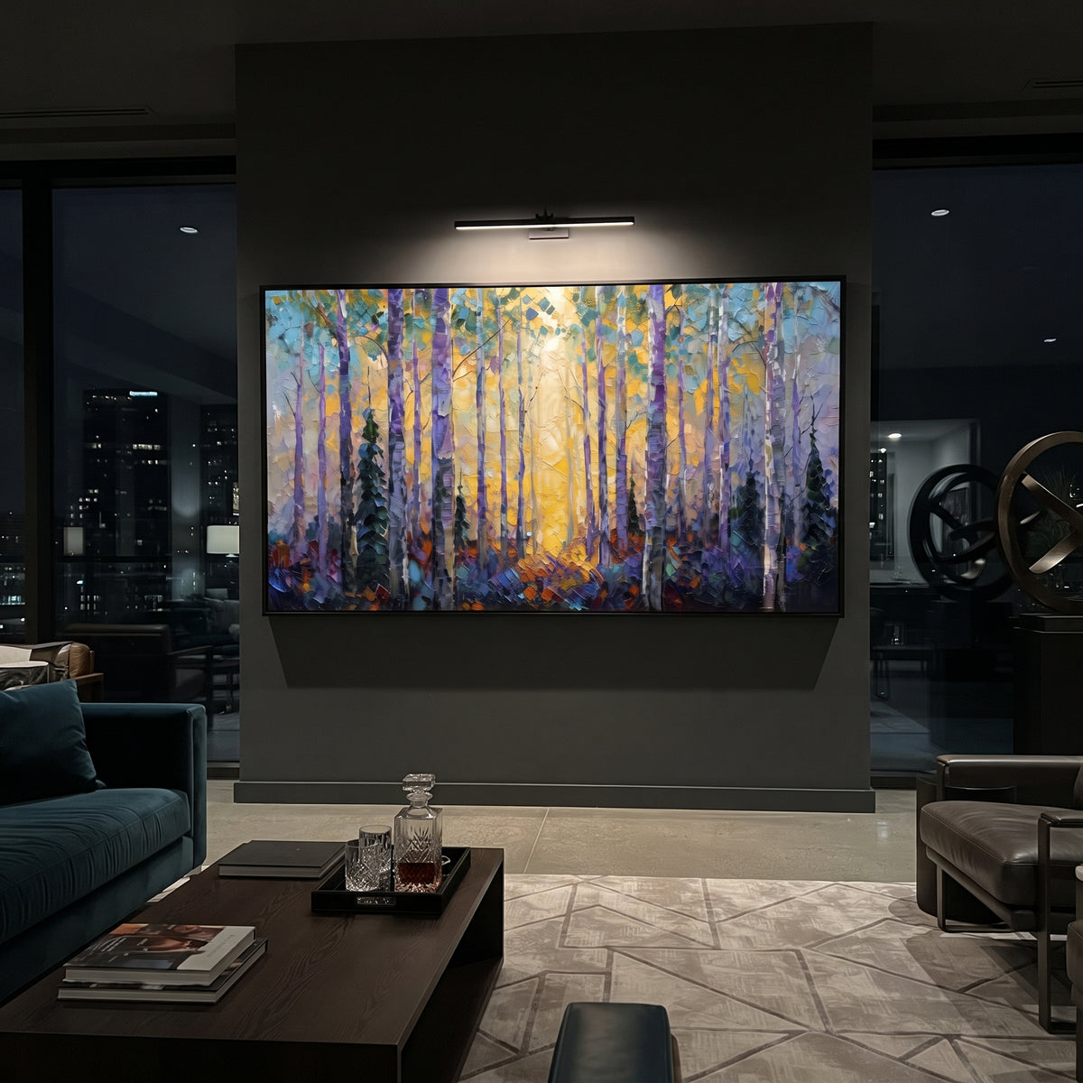 ARTWORK DETAILS Purple Twilight Birch Grove Painting is built from the actual artwork image: purple blue woodland with yellow trunks and a twilight glow. The composition uses raised texture to separate tree trunks, leaf masses, ground movement, and soft background atmosphere, so the surface reads with real hand-painted depth from different viewing angles. The color direction is blue, yellow, white, chosen to keep the autumn mood warm while still leaving enough pale air and cool contrast for
