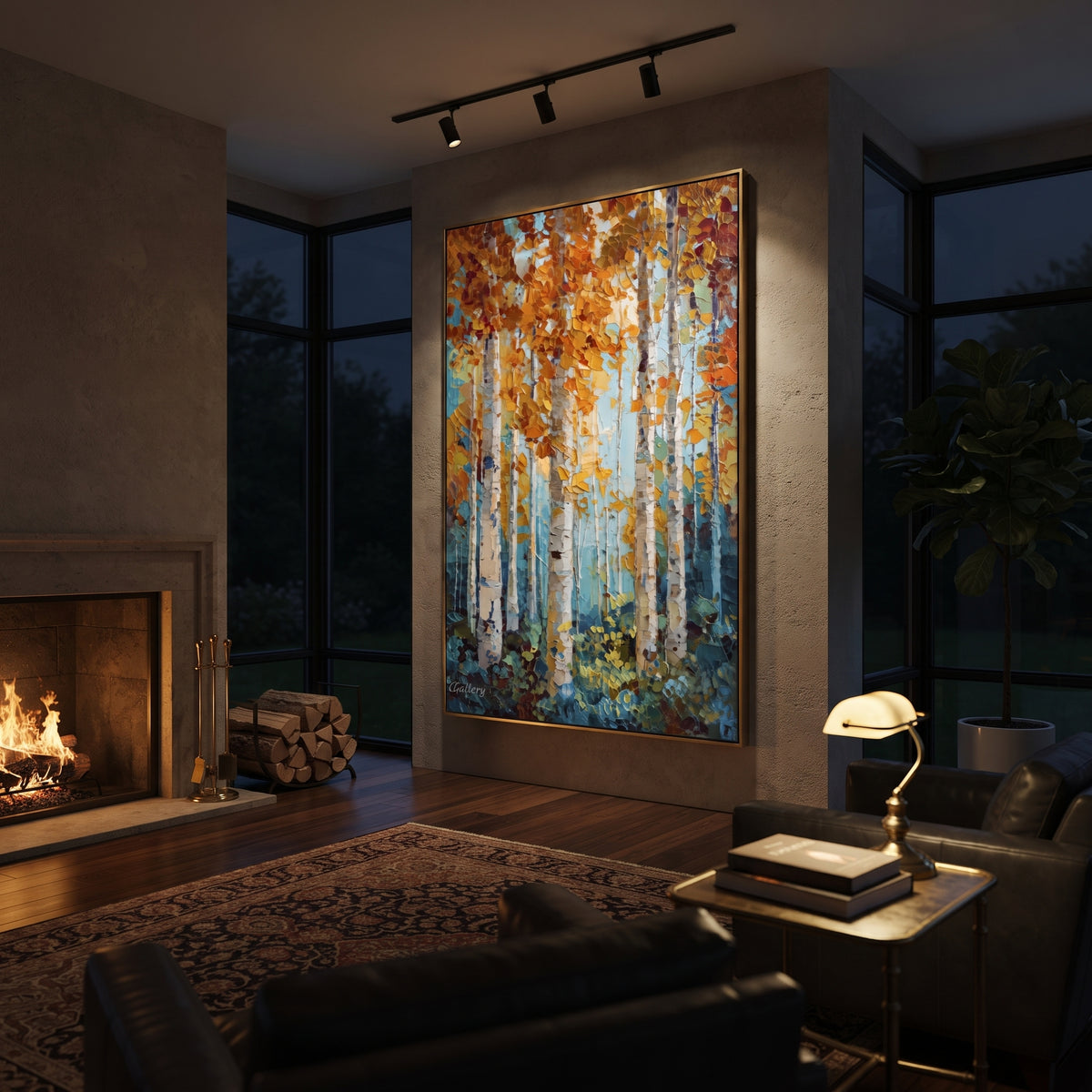 ARTWORK DETAILS Aqua Birch Leaffall Painting is built from the actual artwork image: aqua blue birch stand with copper leaf fall. The composition uses raised texture to separate tree trunks, leaf masses, ground movement, and soft background atmosphere, so the surface reads with real hand-painted depth from different viewing angles. The color direction is blue, orange, white, chosen to keep the autumn mood warm while still leaving enough pale air and cool contrast for modern interiors. Core