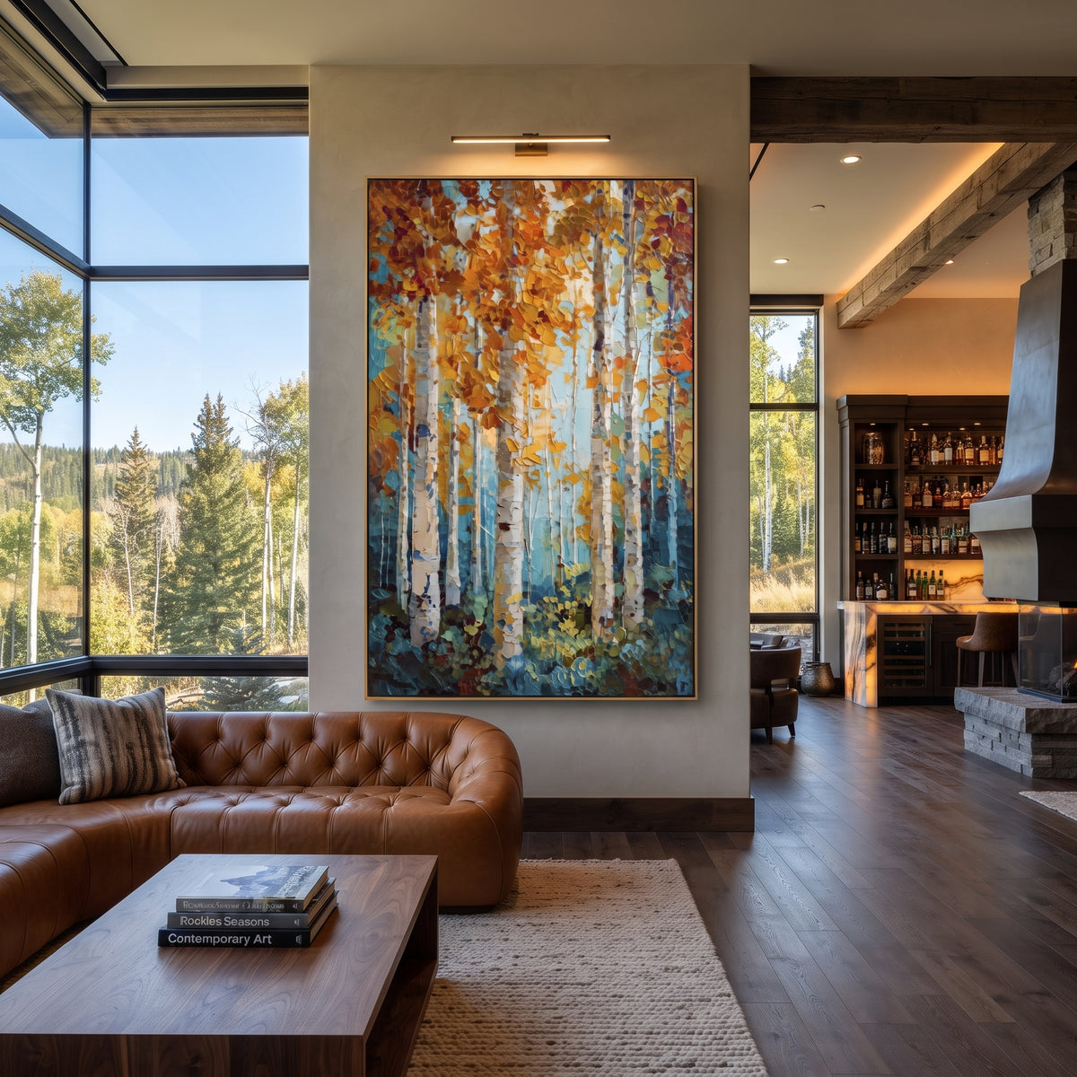 ARTWORK DETAILS Aqua Birch Leaffall Painting is built from the actual artwork image: aqua blue birch stand with copper leaf fall. The composition uses raised texture to separate tree trunks, leaf masses, ground movement, and soft background atmosphere, so the surface reads with real hand-painted depth from different viewing angles. The color direction is blue, orange, white, chosen to keep the autumn mood warm while still leaving enough pale air and cool contrast for modern interiors. Core