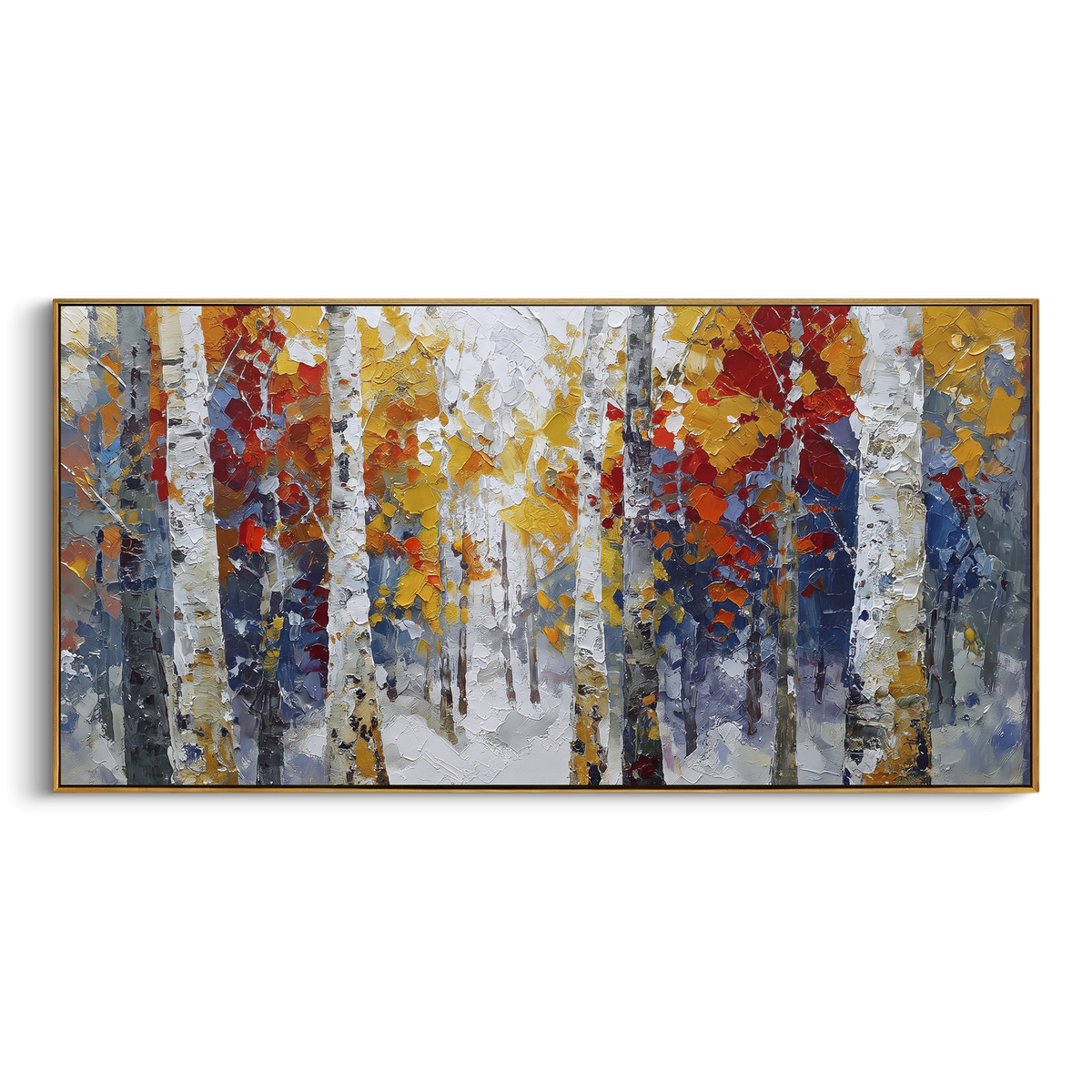 ARTWORK DETAILS Snow Gray Birch Color Marks Painting is built from the actual artwork image: white gray birch forest with red and gold color marks. The composition uses raised texture to separate tree trunks, leaf masses, ground movement, and soft background atmosphere, so the surface reads with real hand-painted depth from different viewing angles. The color direction is white, gray, red, chosen to keep the autumn mood warm while still leaving enough pale air and cool contrast for modern