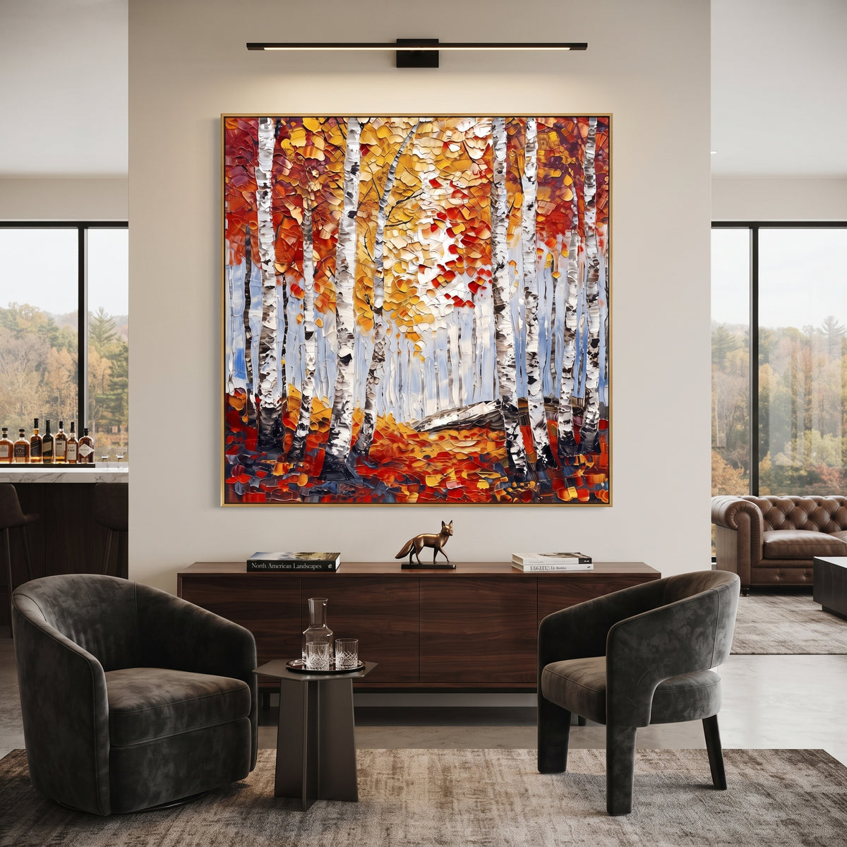ARTWORK DETAILS Deep Red Birch Corridor Painting is built from the actual artwork image: red orange leaves framing a white birch corridor. The composition uses raised texture to separate tree trunks, leaf masses, ground movement, and soft background atmosphere, so the surface reads with real hand-painted depth from different viewing angles. The color direction is red, orange, white, chosen to keep the autumn mood warm while still leaving enough pale air and cool contrast for modern interiors.