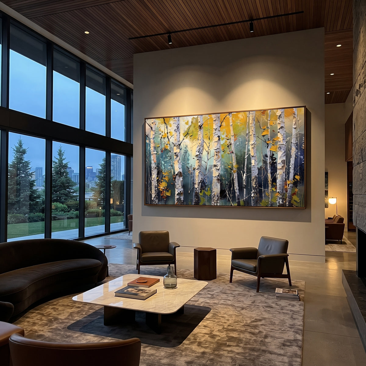 ARTWORK DETAILS Silver Birch Yellow Leaves Painting is built from the actual artwork image: silver white birch trunks with fresh yellow leaves. The composition uses raised texture to separate tree trunks, leaf masses, ground movement, and soft background atmosphere, so the surface reads with real hand-painted depth from different viewing angles. The color direction is white, yellow, black, chosen to keep the autumn mood warm while still leaving enough pale air and cool contrast for modern