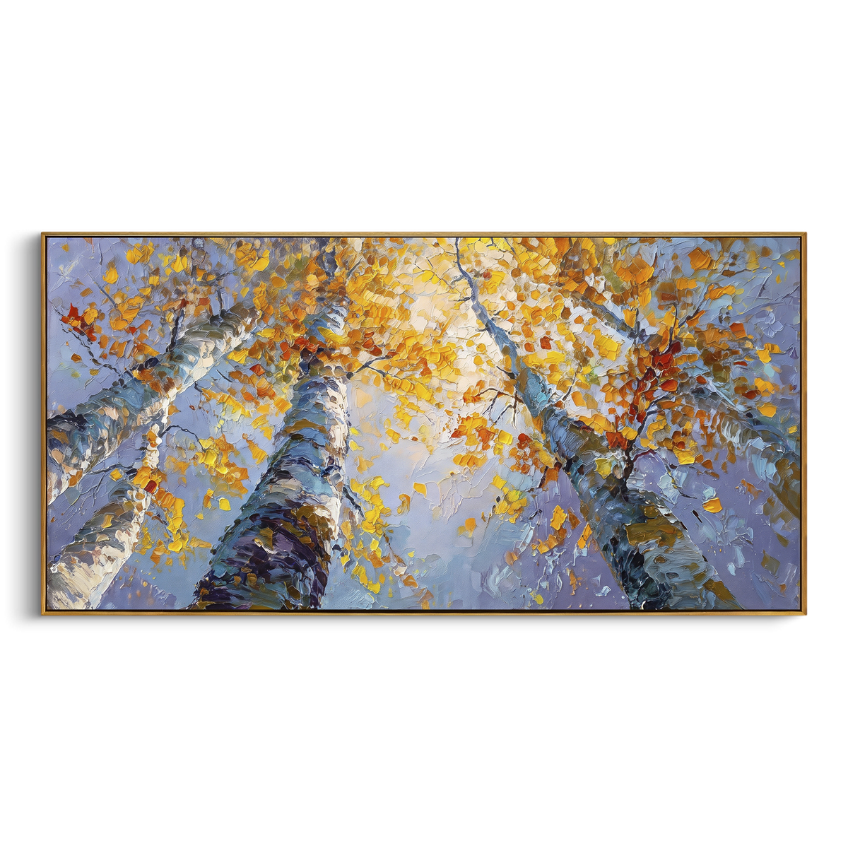 ARTWORK DETAILS Upward Birch Golden Sky Painting is built from the actual artwork image: upward view of birch trunks and yellow leaves against blue sky. The composition uses raised texture to separate tree trunks, leaf masses, ground movement, and soft background atmosphere, so the surface reads with real hand-painted depth from different viewing angles. The color direction is yellow, blue, white, chosen to keep the autumn mood warm while still leaving enough pale air and cool contrast for