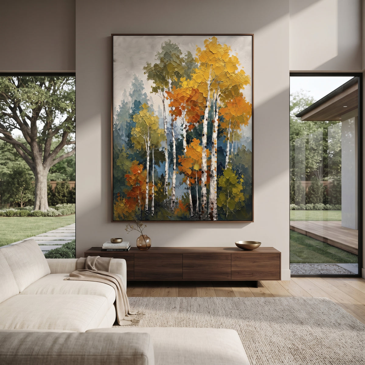 ARTWORK DETAILS Autumn Aspen Cluster Painting is built from the actual artwork image: compact aspen cluster with green orange yellow foliage. The composition uses raised texture to separate tree trunks, leaf masses, ground movement, and soft background atmosphere, so the surface reads with real hand-painted depth from different viewing angles. The color direction is green, orange, yellow, chosen to keep the autumn mood warm while still leaving enough pale air and cool contrast for modern