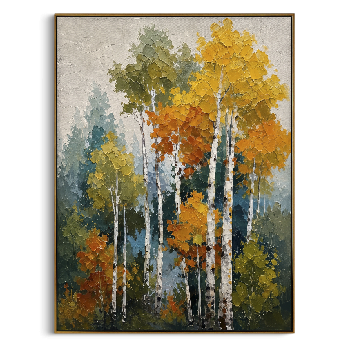 ARTWORK DETAILS Autumn Aspen Cluster Painting is built from the actual artwork image: compact aspen cluster with green orange yellow foliage. The composition uses raised texture to separate tree trunks, leaf masses, ground movement, and soft background atmosphere, so the surface reads with real hand-painted depth from different viewing angles. The color direction is green, orange, yellow, chosen to keep the autumn mood warm while still leaving enough pale air and cool contrast for modern