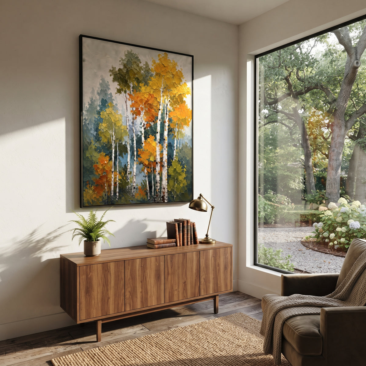 ARTWORK DETAILS Autumn Aspen Cluster Painting is built from the actual artwork image: compact aspen cluster with green orange yellow foliage. The composition uses raised texture to separate tree trunks, leaf masses, ground movement, and soft background atmosphere, so the surface reads with real hand-painted depth from different viewing angles. The color direction is green, orange, yellow, chosen to keep the autumn mood warm while still leaving enough pale air and cool contrast for modern