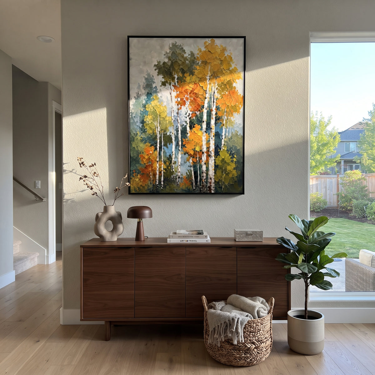 ARTWORK DETAILS Autumn Aspen Cluster Painting is built from the actual artwork image: compact aspen cluster with green orange yellow foliage. The composition uses raised texture to separate tree trunks, leaf masses, ground movement, and soft background atmosphere, so the surface reads with real hand-painted depth from different viewing angles. The color direction is green, orange, yellow, chosen to keep the autumn mood warm while still leaving enough pale air and cool contrast for modern