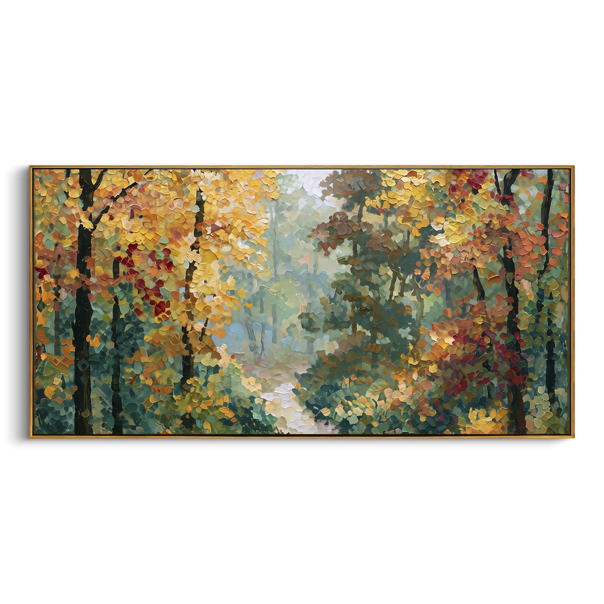 ARTWORK DETAILS Woodland Stream Autumn Painting is built from the actual artwork image: curving stream through a warm autumn forest. The composition uses raised texture to separate tree trunks, leaf masses, ground movement, and soft background atmosphere, so the surface reads with real hand-painted depth from different viewing angles. The color direction is green, orange, blue, chosen to keep the autumn mood warm while still leaving enough pale air and cool contrast for modern interiors. Core