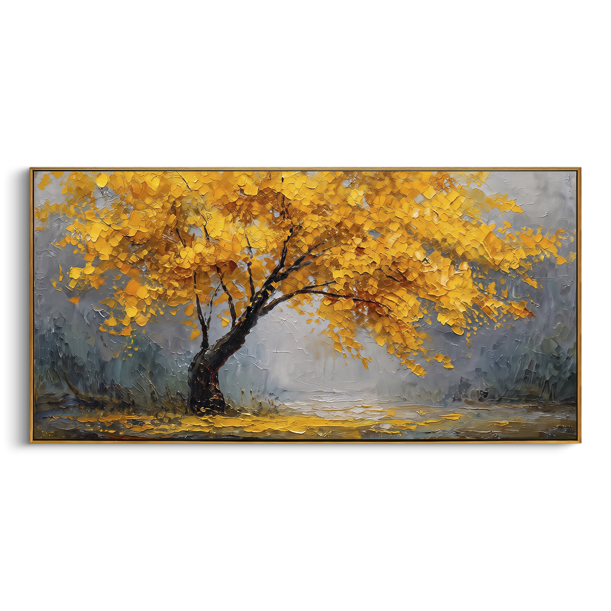 ARTWORK DETAILS Gold Tree Mist Field Painting is built from the actual artwork image: single gold tree spreading across a misty field. The composition uses raised texture to separate tree trunks, leaf masses, ground movement, and soft background atmosphere, so the surface reads with real hand-painted depth from different viewing angles. The color direction is yellow, gray, green, chosen to keep the autumn mood warm while still leaving enough pale air and cool contrast for modern interiors. Core