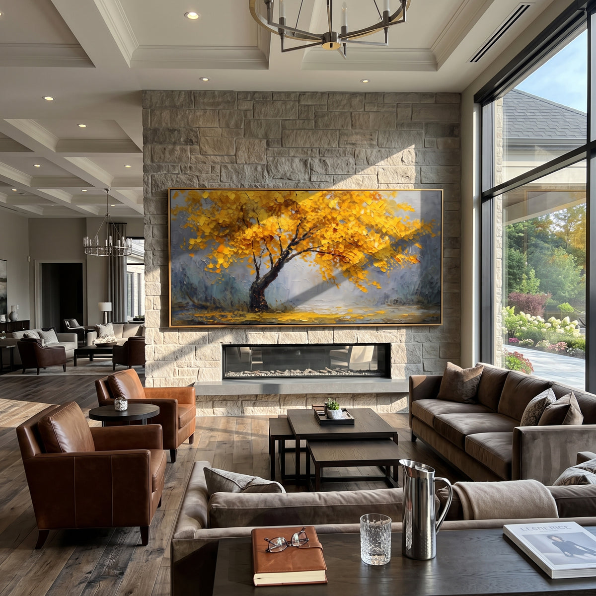 ARTWORK DETAILS Gold Tree Mist Field Painting is built from the actual artwork image: single gold tree spreading across a misty field. The composition uses raised texture to separate tree trunks, leaf masses, ground movement, and soft background atmosphere, so the surface reads with real hand-painted depth from different viewing angles. The color direction is yellow, gray, green, chosen to keep the autumn mood warm while still leaving enough pale air and cool contrast for modern interiors. Core
