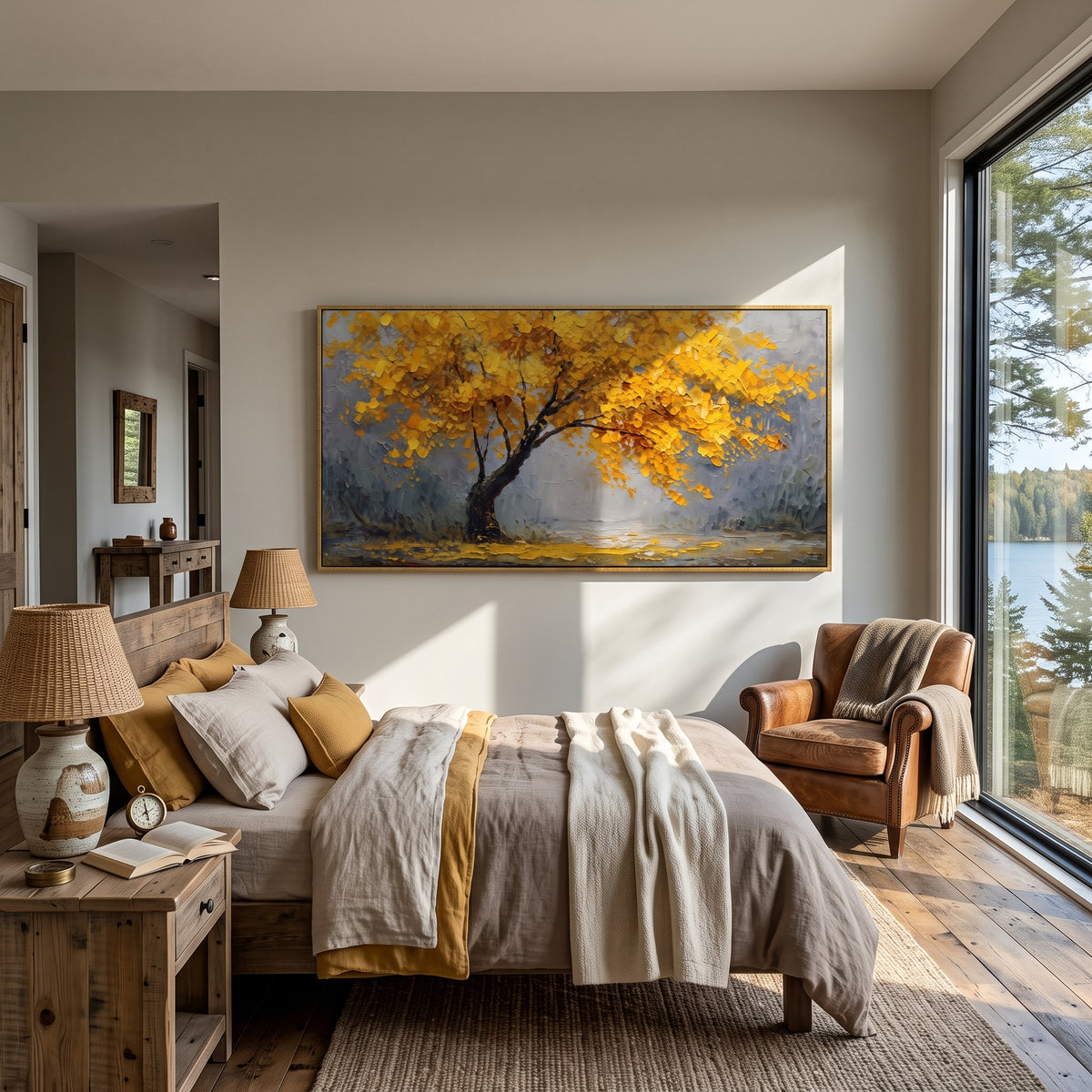 ARTWORK DETAILS Gold Tree Mist Field Painting is built from the actual artwork image: single gold tree spreading across a misty field. The composition uses raised texture to separate tree trunks, leaf masses, ground movement, and soft background atmosphere, so the surface reads with real hand-painted depth from different viewing angles. The color direction is yellow, gray, green, chosen to keep the autumn mood warm while still leaving enough pale air and cool contrast for modern interiors. Core