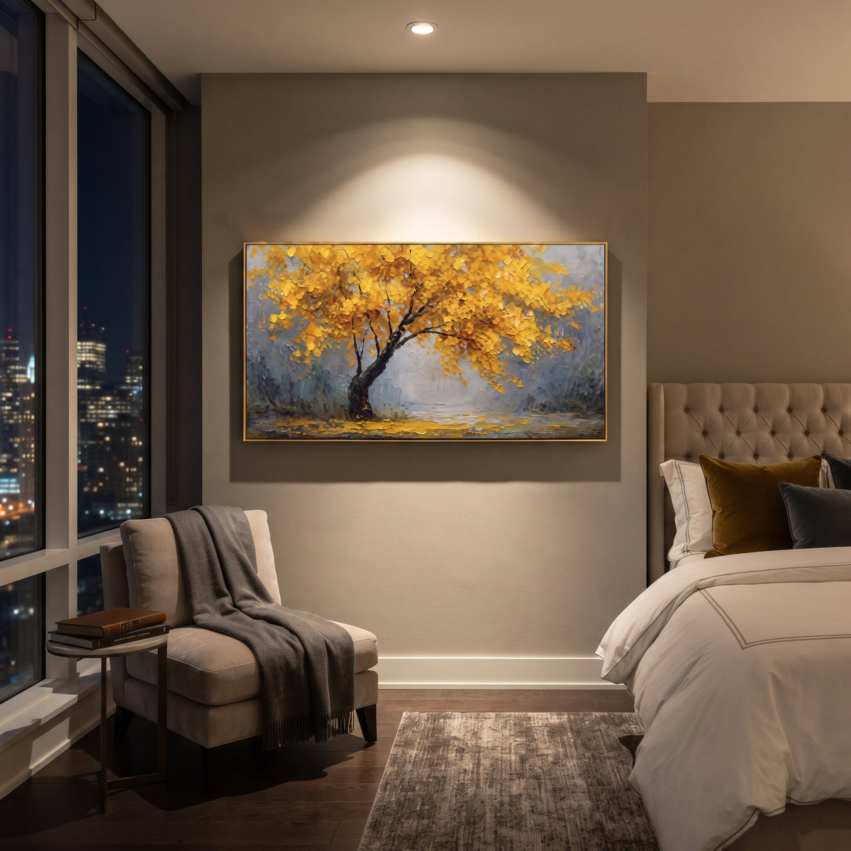 ARTWORK DETAILS Gold Tree Mist Field Painting is built from the actual artwork image: single gold tree spreading across a misty field. The composition uses raised texture to separate tree trunks, leaf masses, ground movement, and soft background atmosphere, so the surface reads with real hand-painted depth from different viewing angles. The color direction is yellow, gray, green, chosen to keep the autumn mood warm while still leaving enough pale air and cool contrast for modern interiors. Core